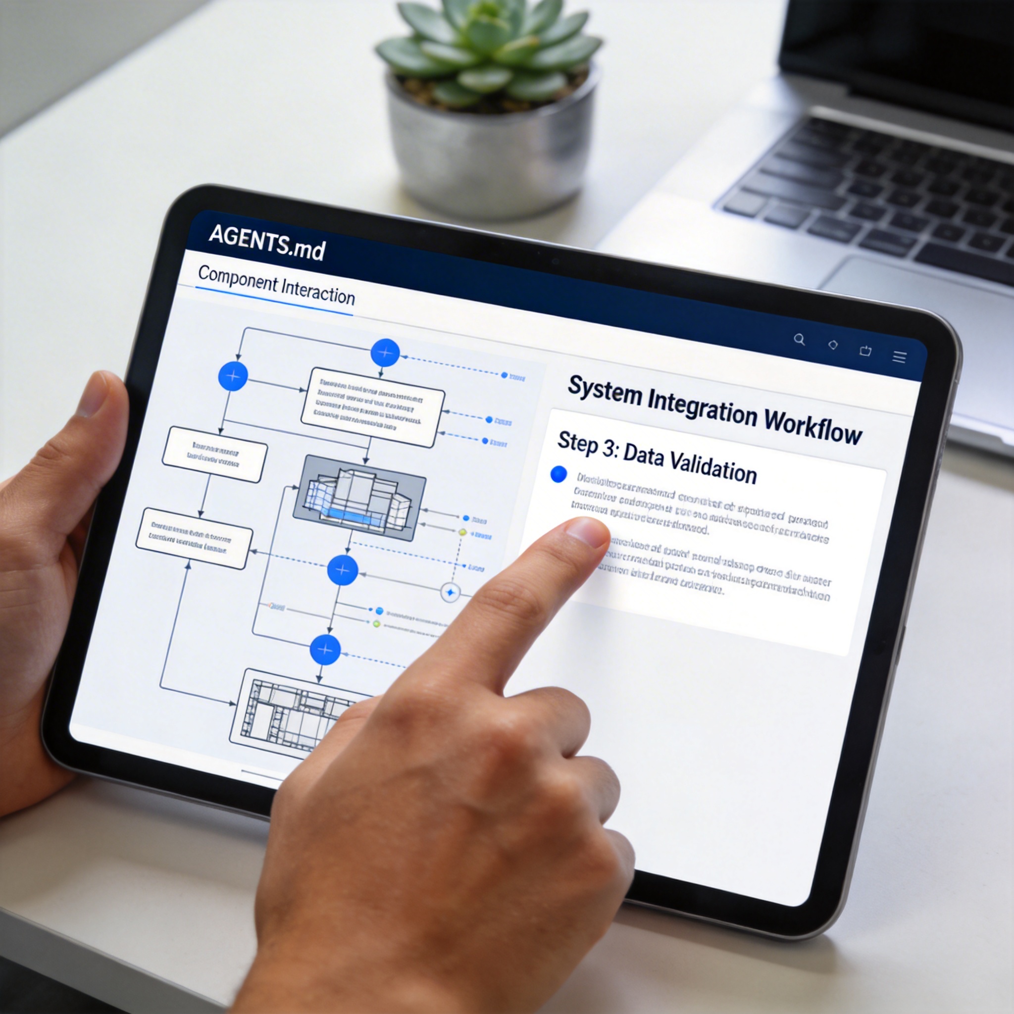 A close-up of a tablet displaying an architectural diagram or `AGENTS.md` file, with a hand pointing, symbolizing AI guidance and architectural framework.