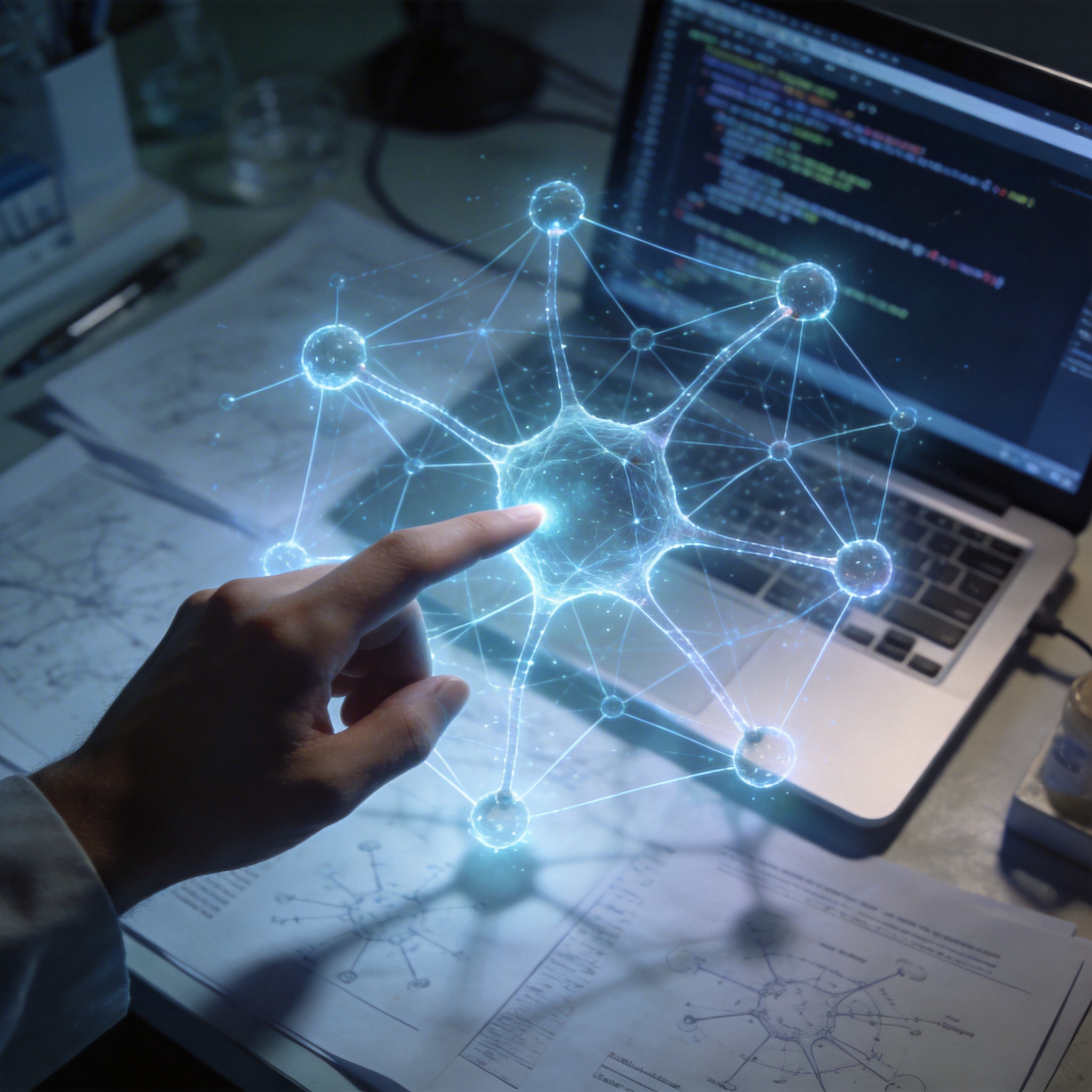 Neural network diagram overlaid on a researcher's desk, symbolizing AI-driven scientific discovery.