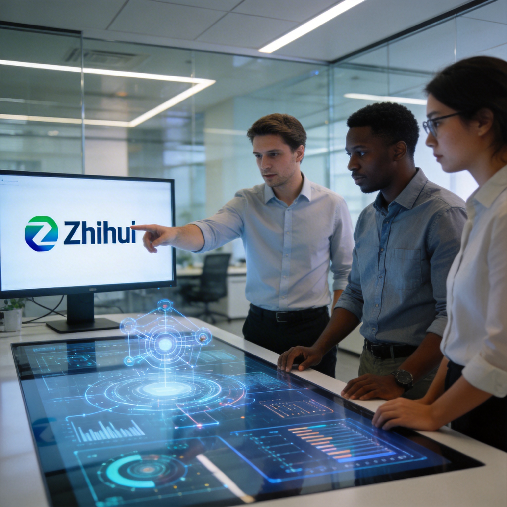 Team collaborating in a modern office, displaying AI-driven search platform 'Zhihui' on a large screen.