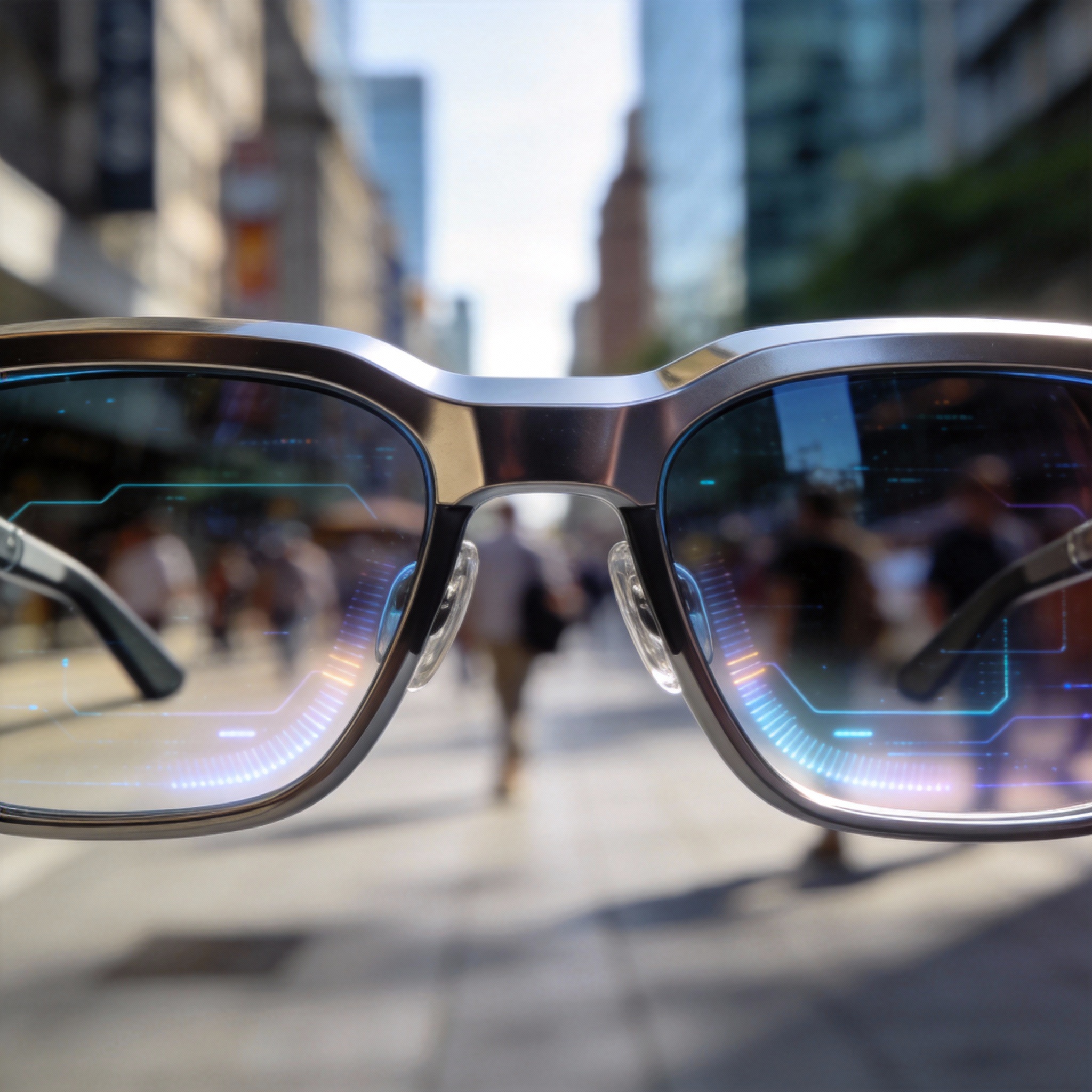 Sleek AI-enabled smart glasses, reflecting urban environment, symbolizing Meta's successful hardware.