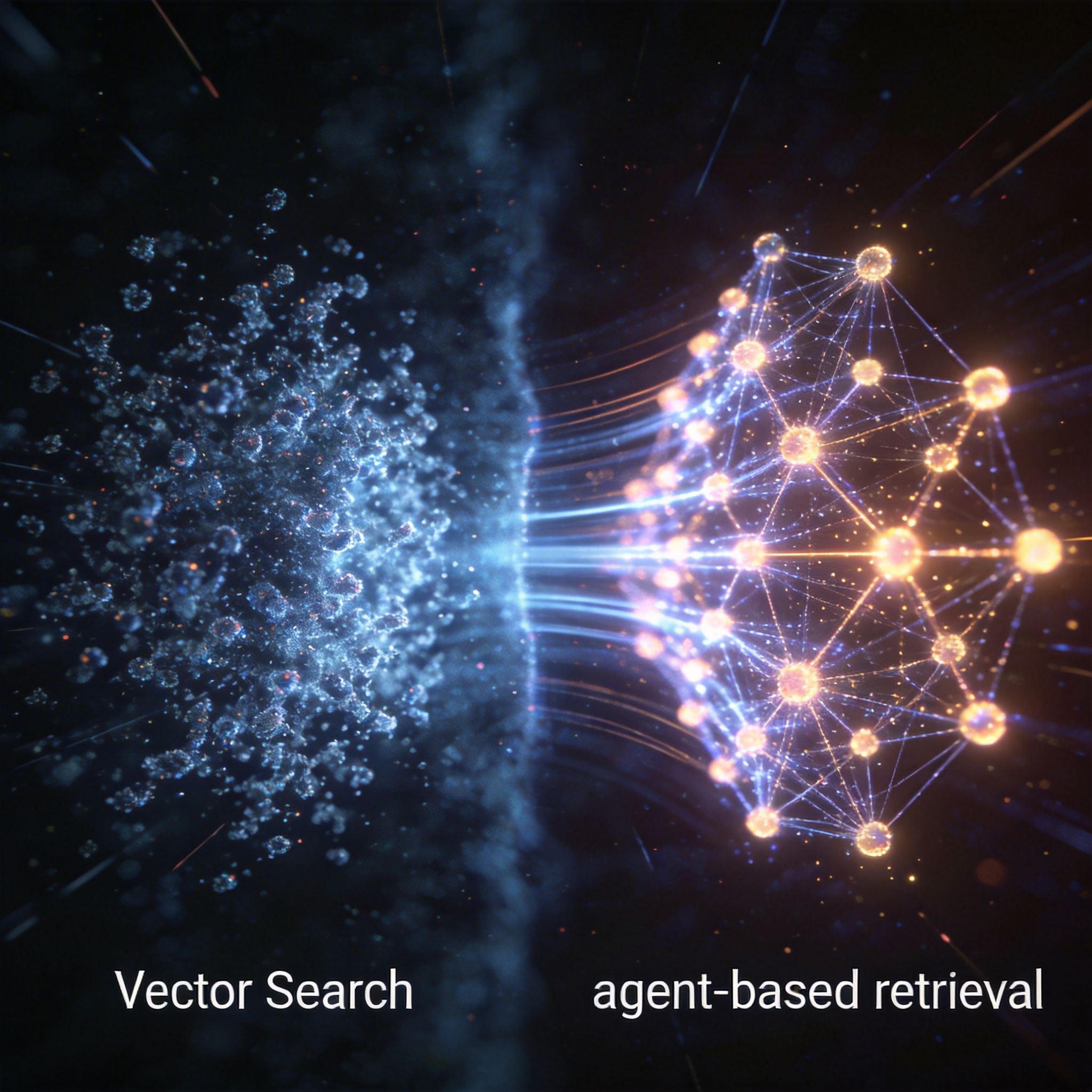 Abstract comparison of chaotic vector search vs. organized agent-based retrieval.
