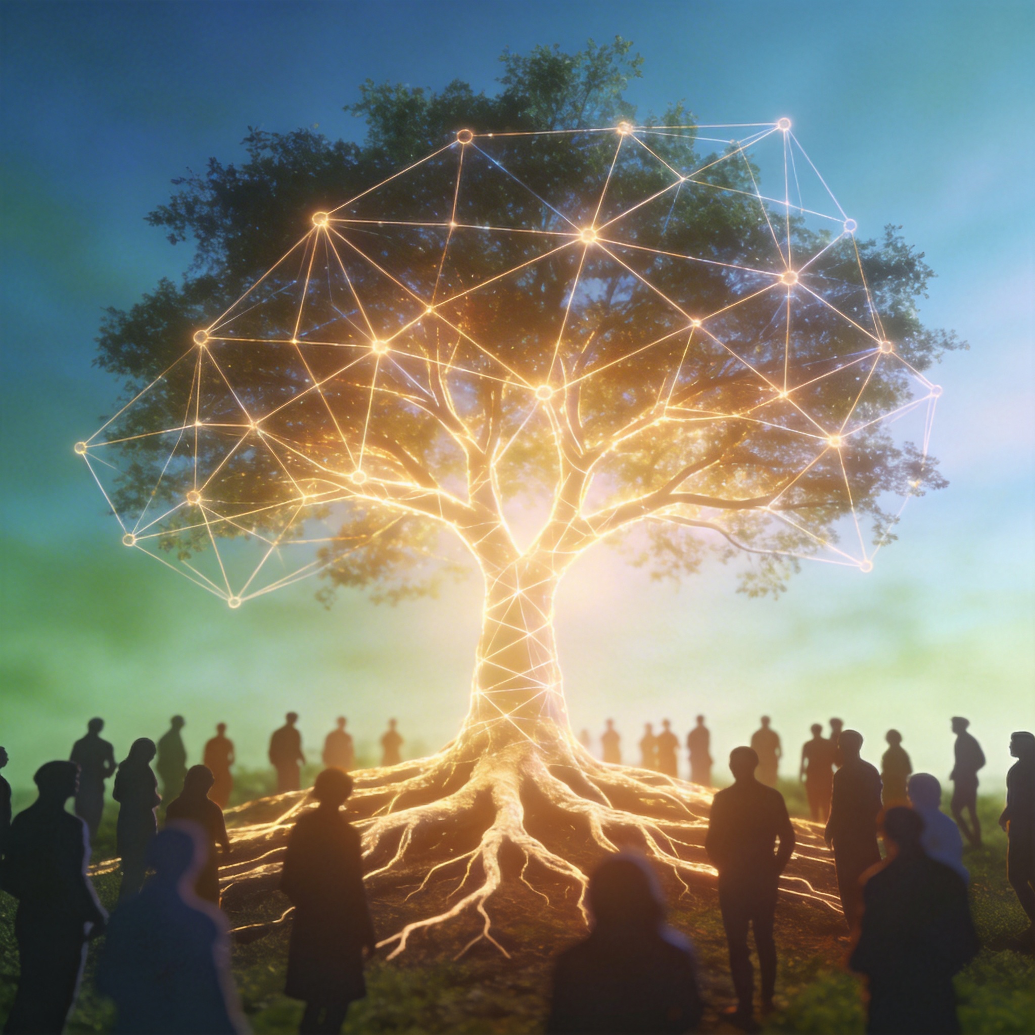 Abstract image of a glowing tree connecting silhouetted figures, symbolizing social responsibility.