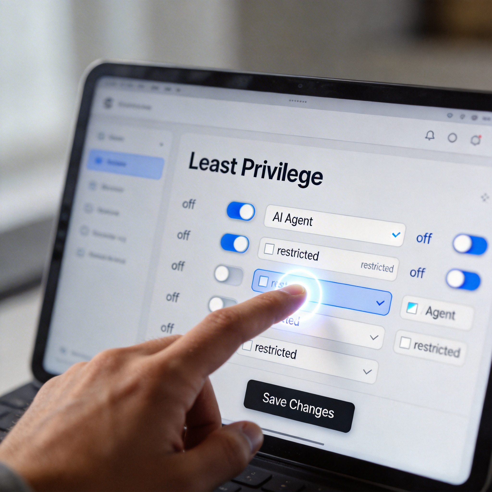 Digital interface showing restricted user permissions for an AI agent, illustrating the principle of least privilege.