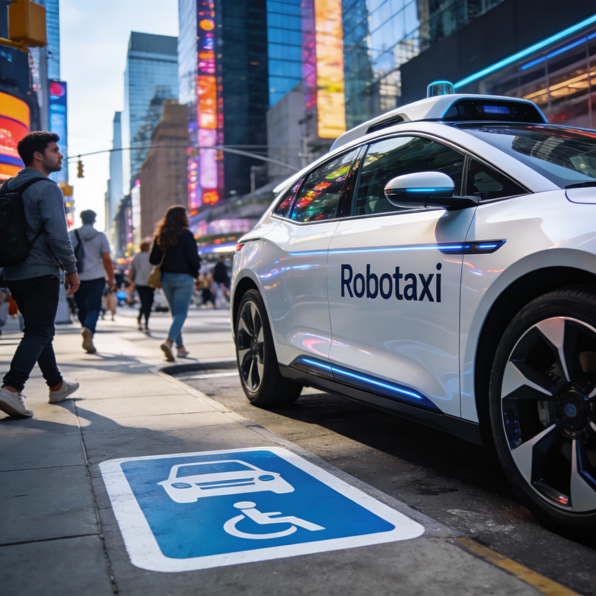 A sleek, modern robotaxi, clearly labeled, parked at a designated pick-up zone in a bustling, futuristic city.