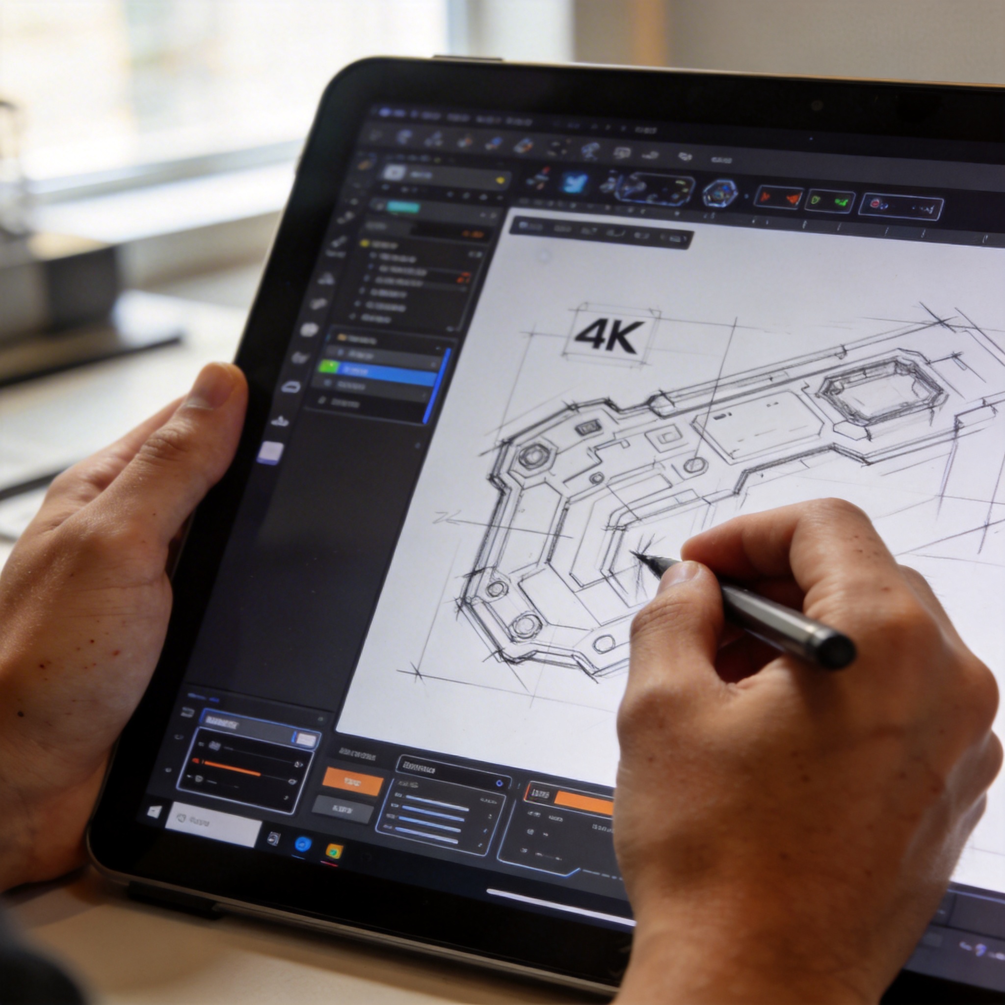 Hands sketching a game UI on a tablet, demonstrating rapid image generation and design capabilities.