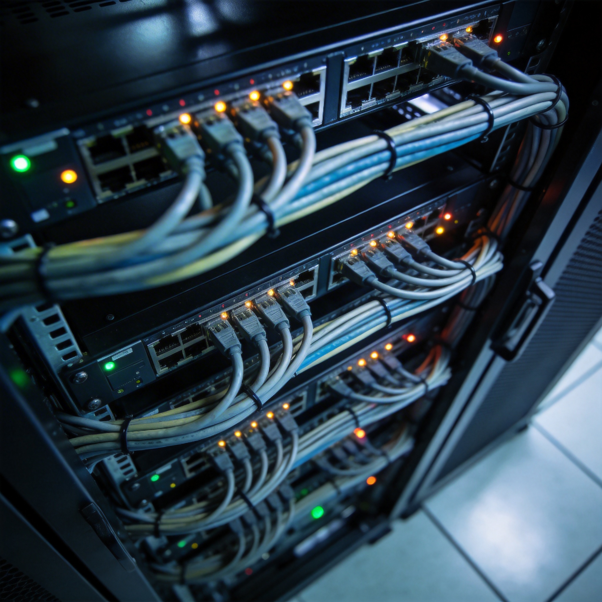 Well-organized server rack in a data center, symbolizing robust engineering infrastructure.