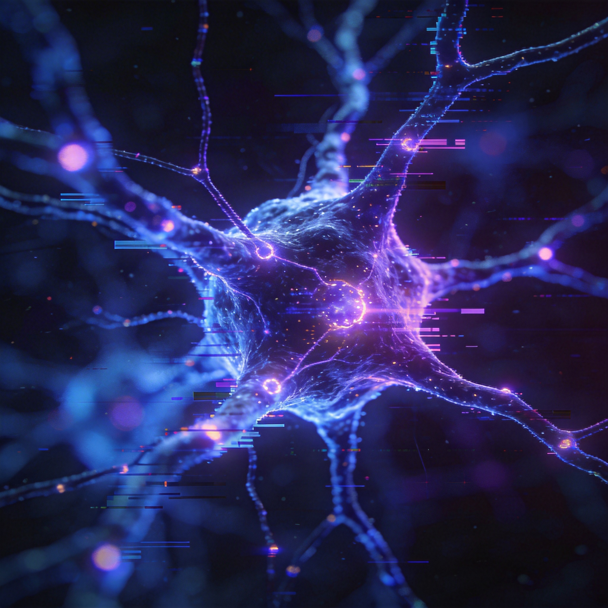 Intricate, glowing neural network with digital glitch effects, symbolizing powerful and risky AI.