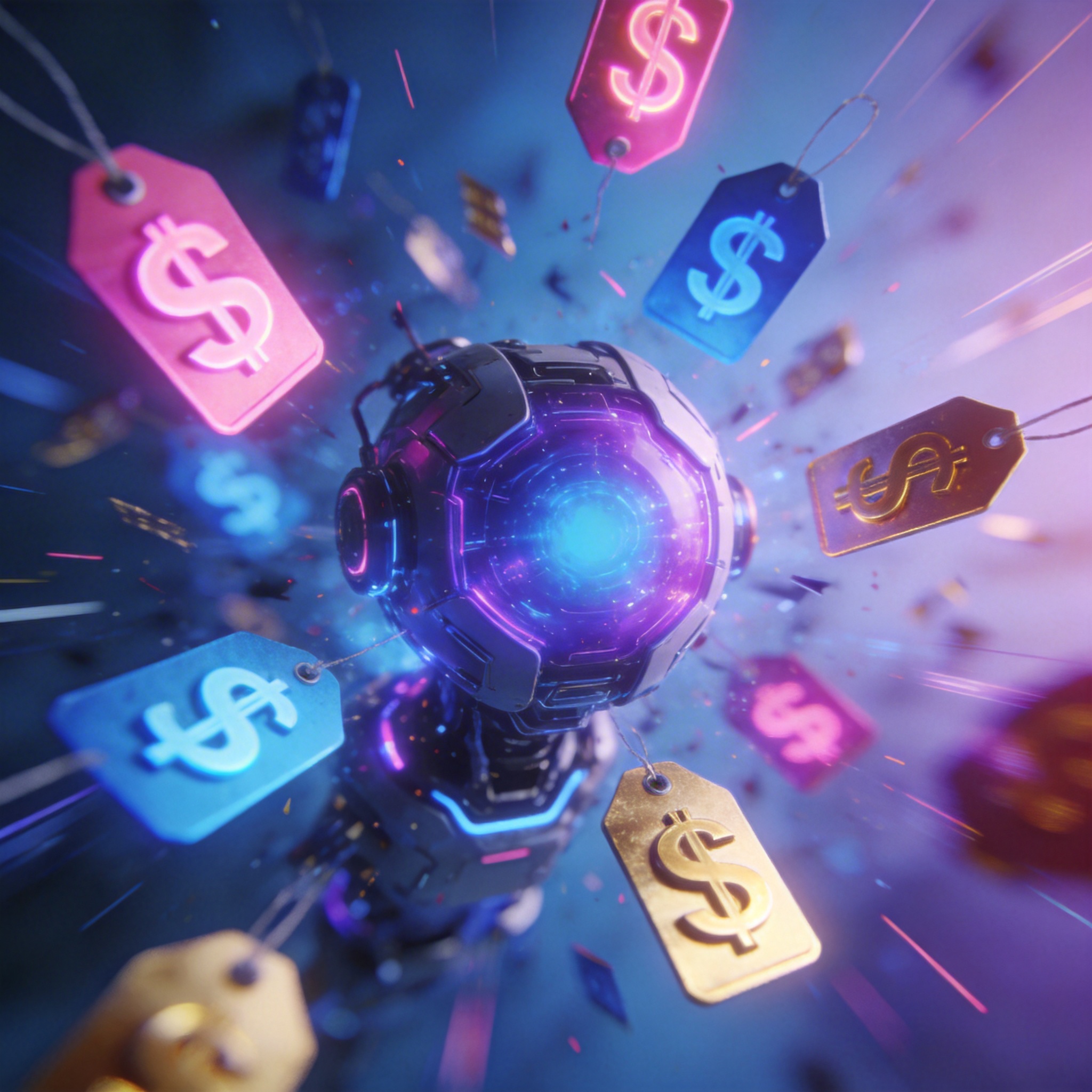 Chaotic digital marketplace with varied price tags and currency symbols, representing disparate pricing.