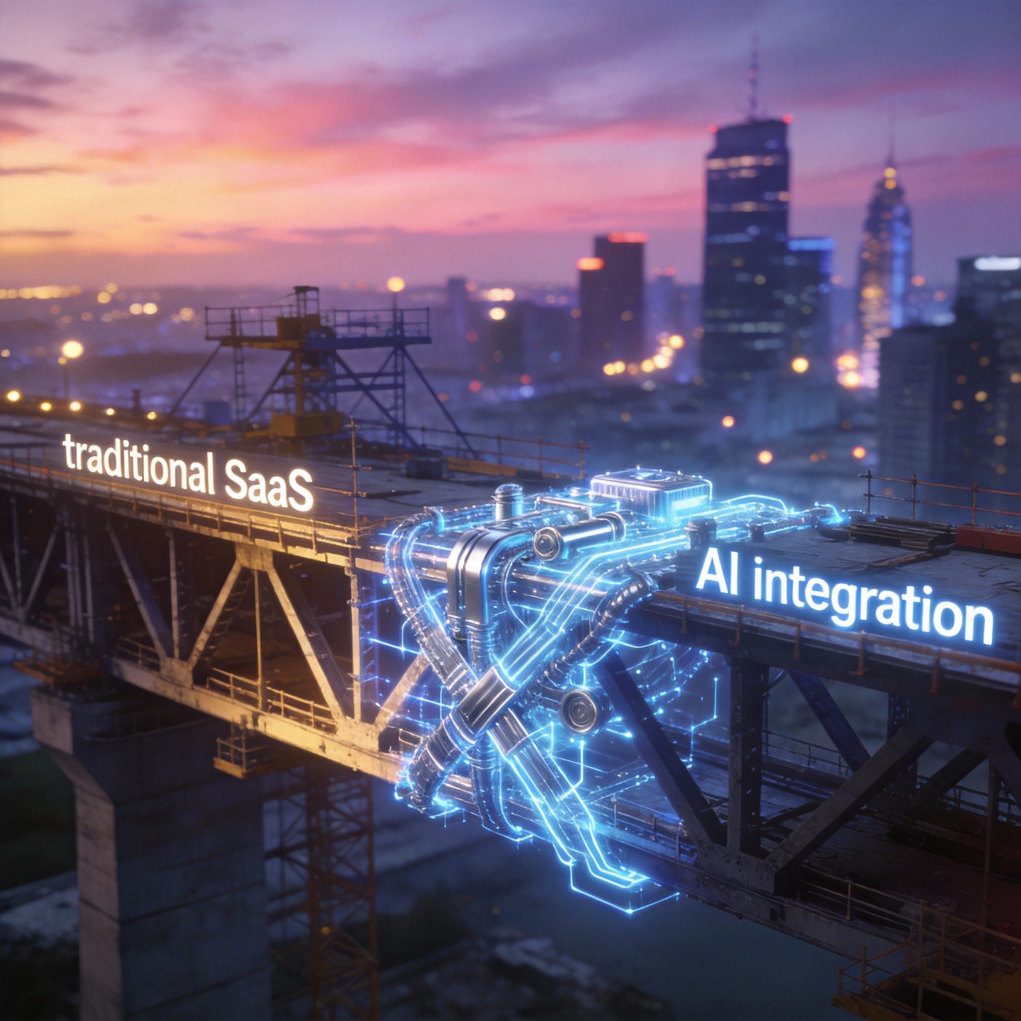 Conceptual image of a bridge being re-engineered, symbolizing the evolving relationship between SaaS and AI.