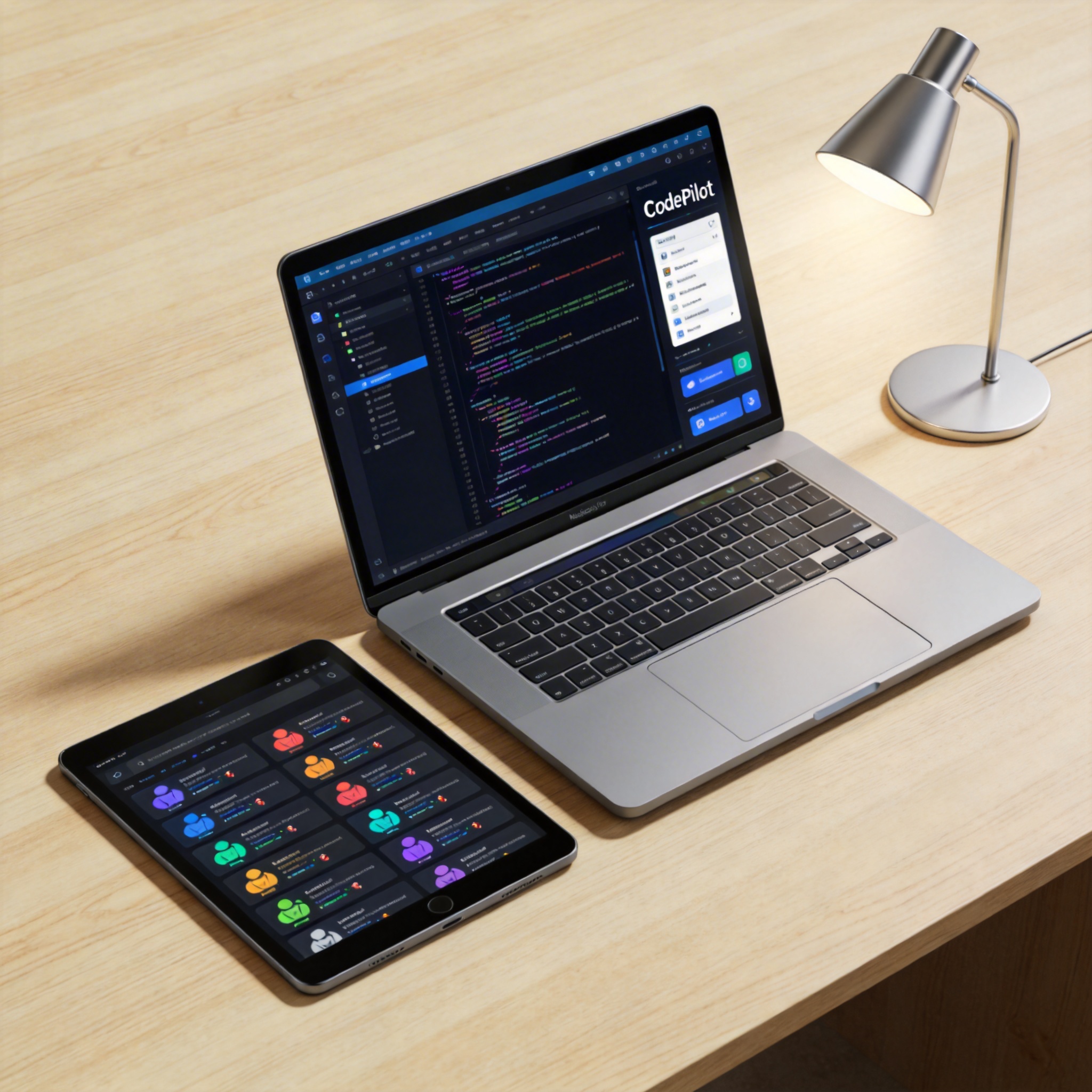 Overhead view of a desk with a laptop running CodePilot and a tablet showing AI agent collaboration.