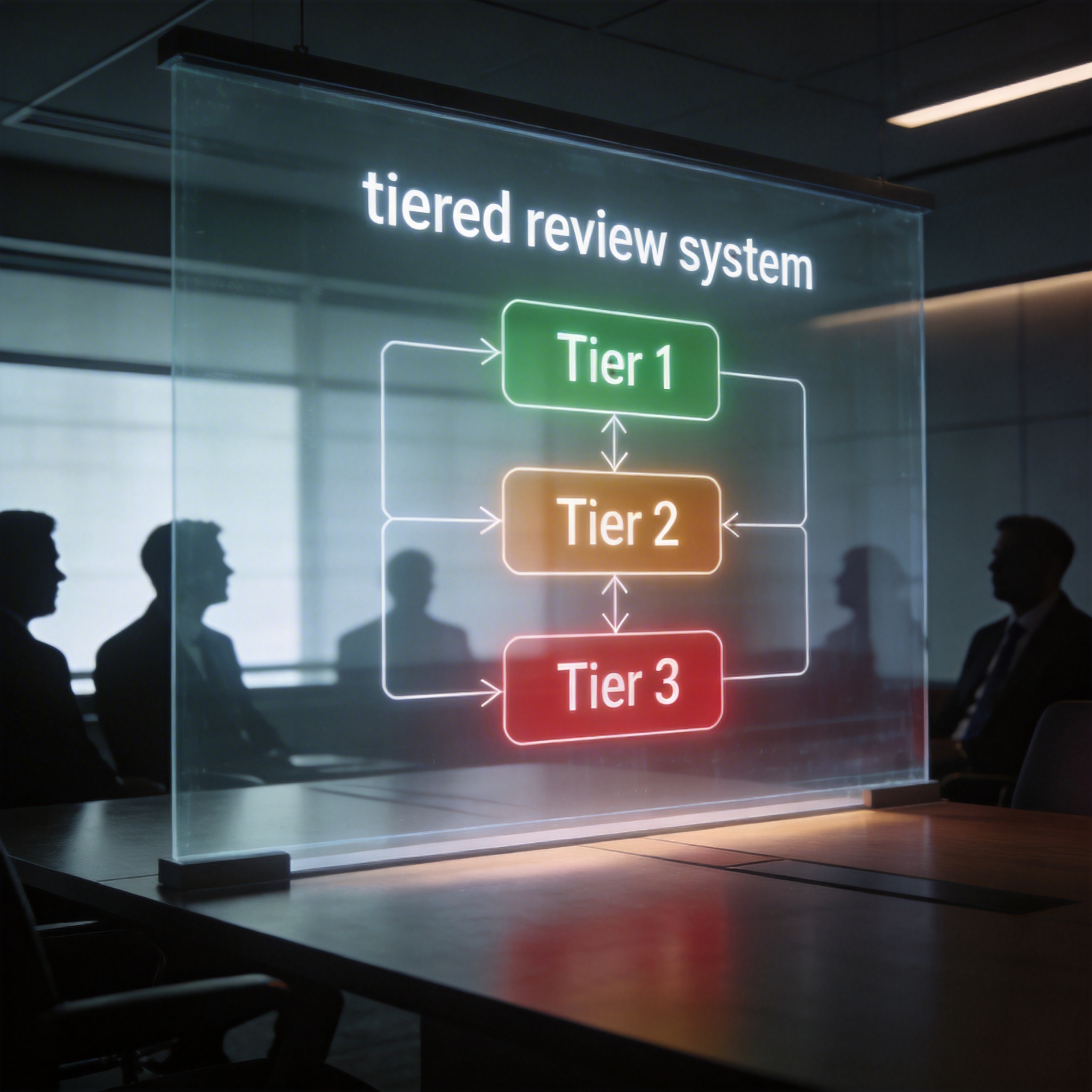 A projected tiered review system diagram with three levels, illustrating complex AI chip export regulations.