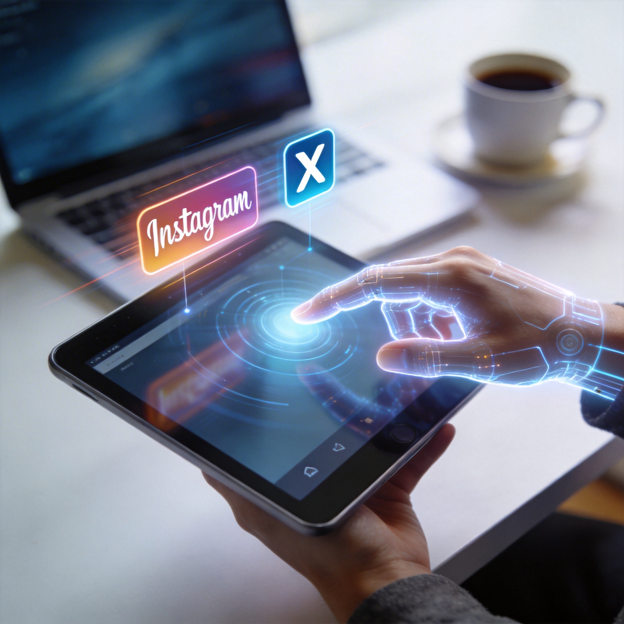 Digital hand from a tablet interacting with holographic social media icons, symbolizing automated social media management.