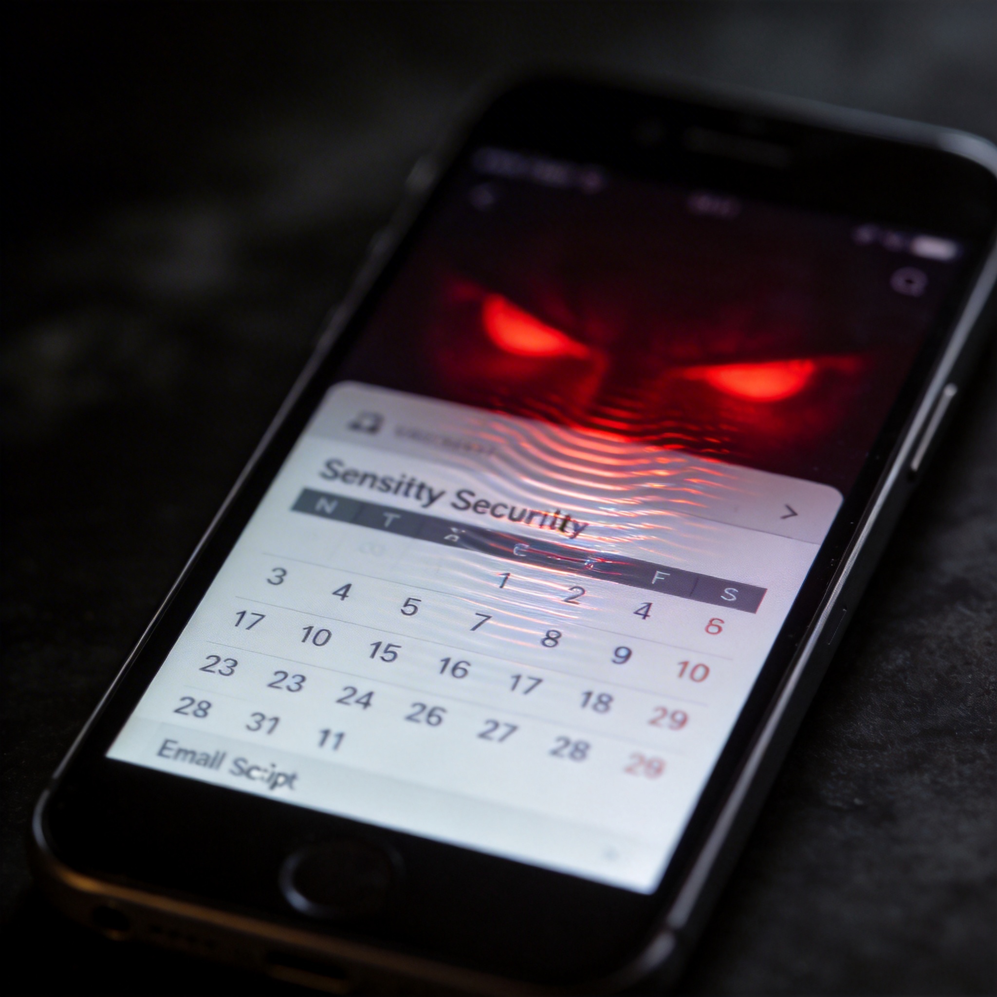 Smartphone screen with a subtle glitch and ominous red glow, symbolizing digital vulnerability and security risks.