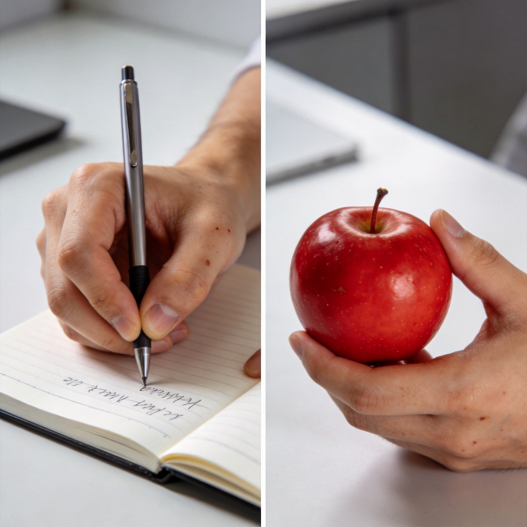 Split image: right hand writing, left hand holding an apple, illustrating AI's common error.
