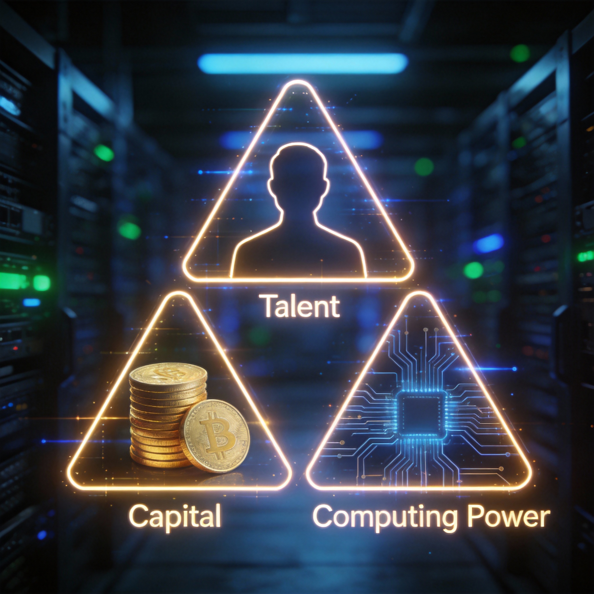 Abstract triangle symbolizing the interdependence of talent, capital, and computing power in AI.