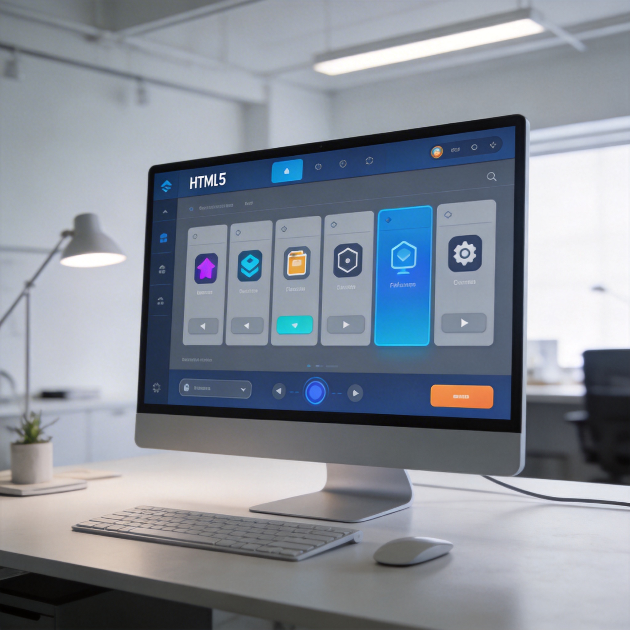 A professionally designed HTML5 game interface on a monitor, showcasing aesthetic intelligence and clean UI.