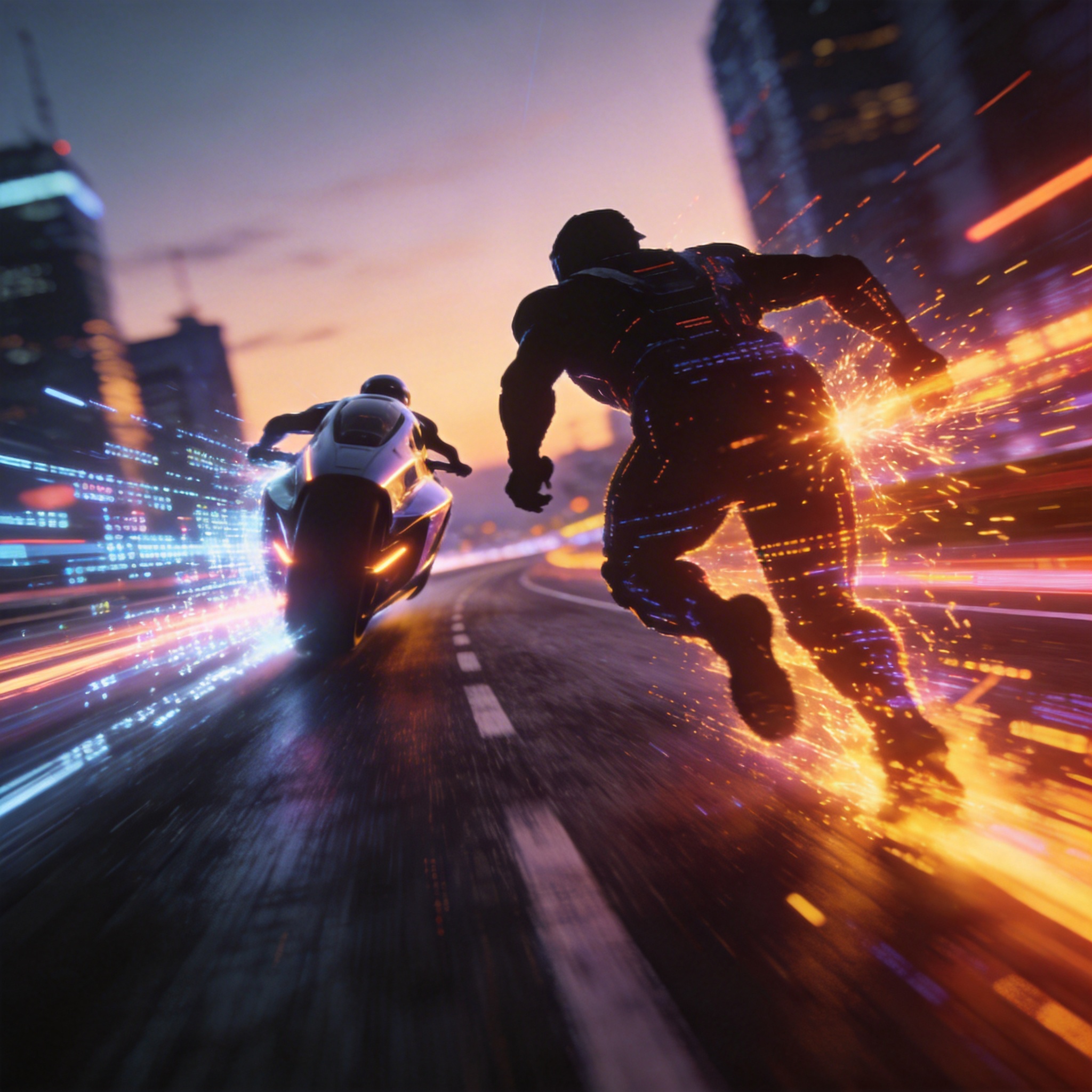 Two abstract digital entities racing, one leading, one catching up, symbolizing market competition in AI.