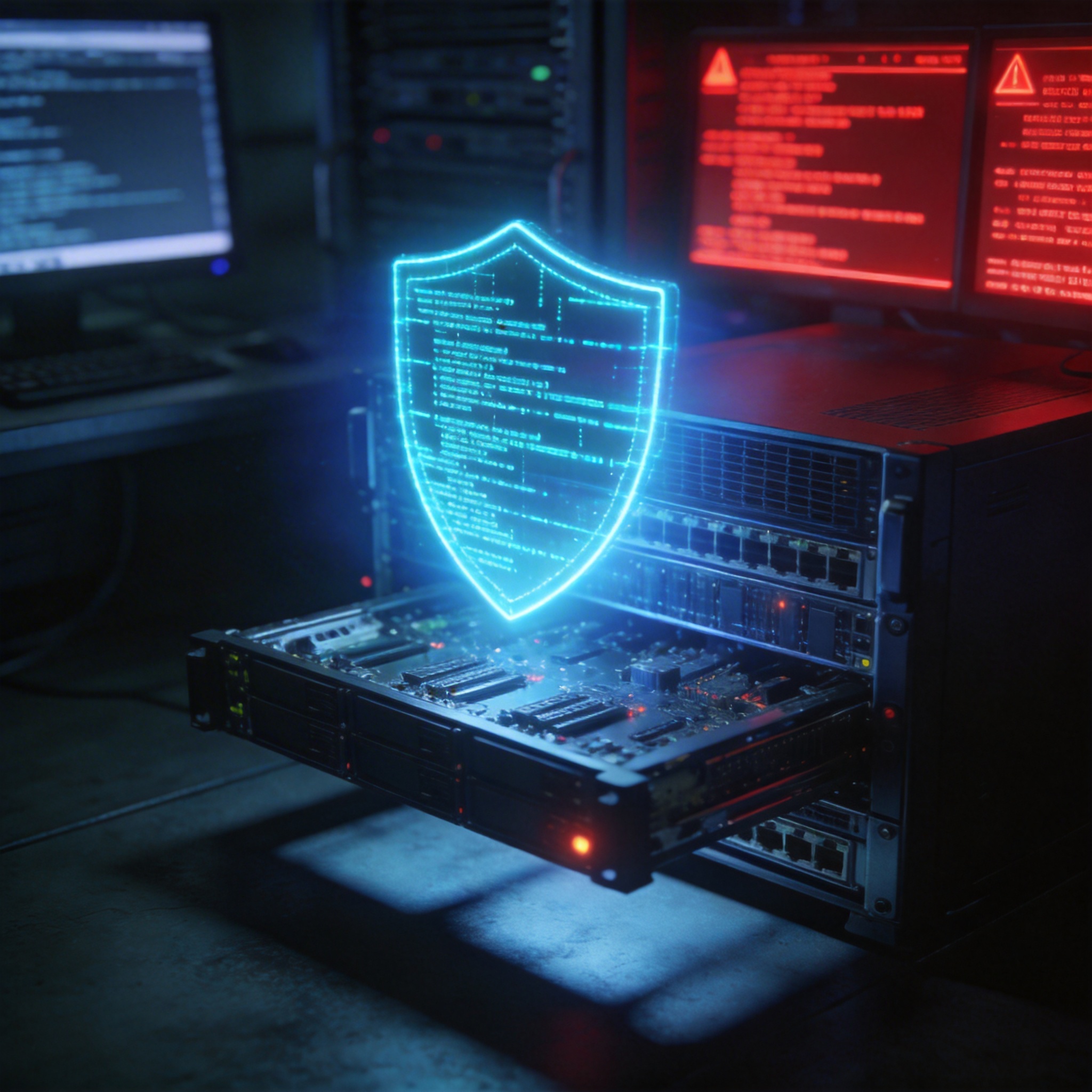 Digital shield of code protecting server racks in a data center, symbolizing cybersecurity.