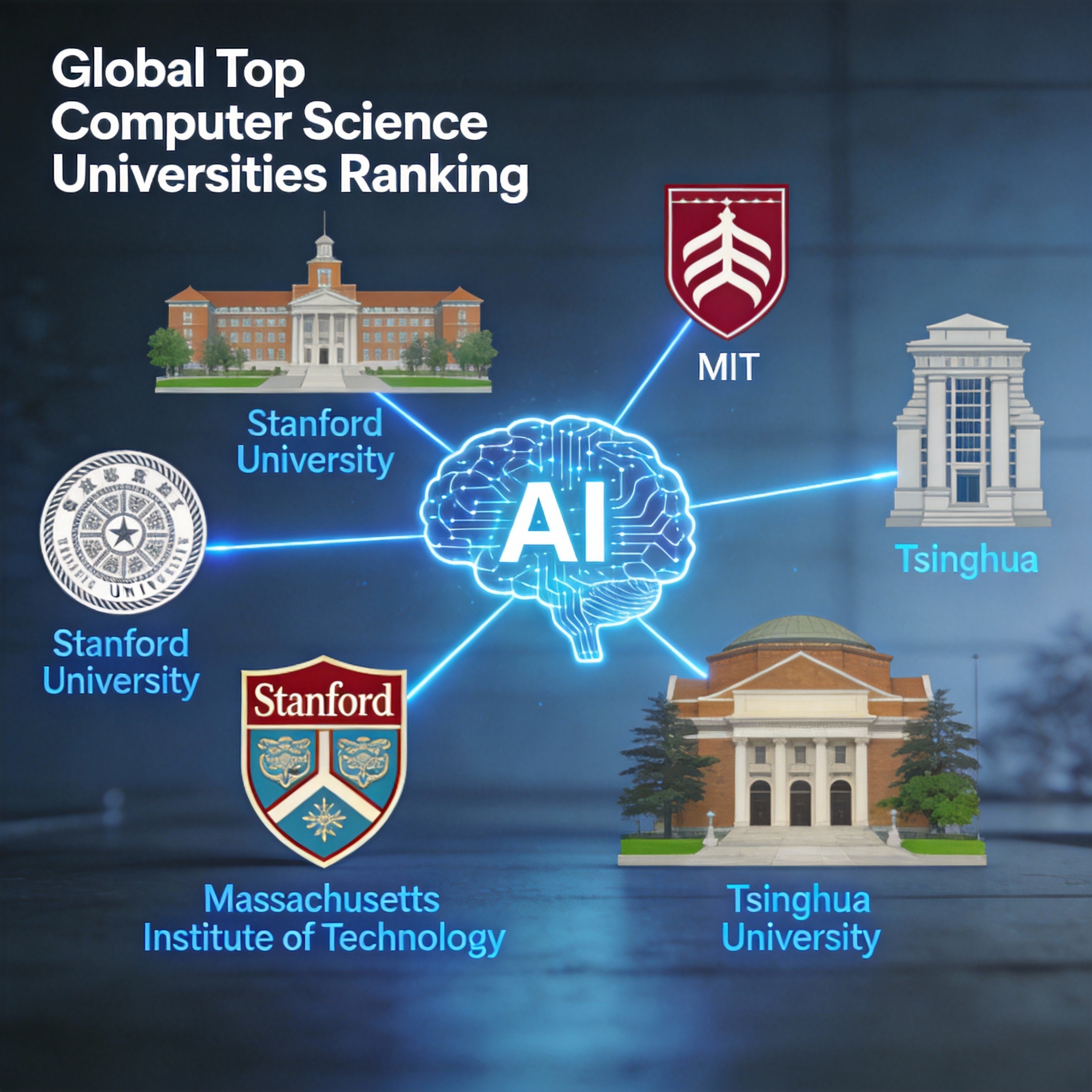Abstract graphic showing global university icons connected to a central AI brain, representing top computer science talent.