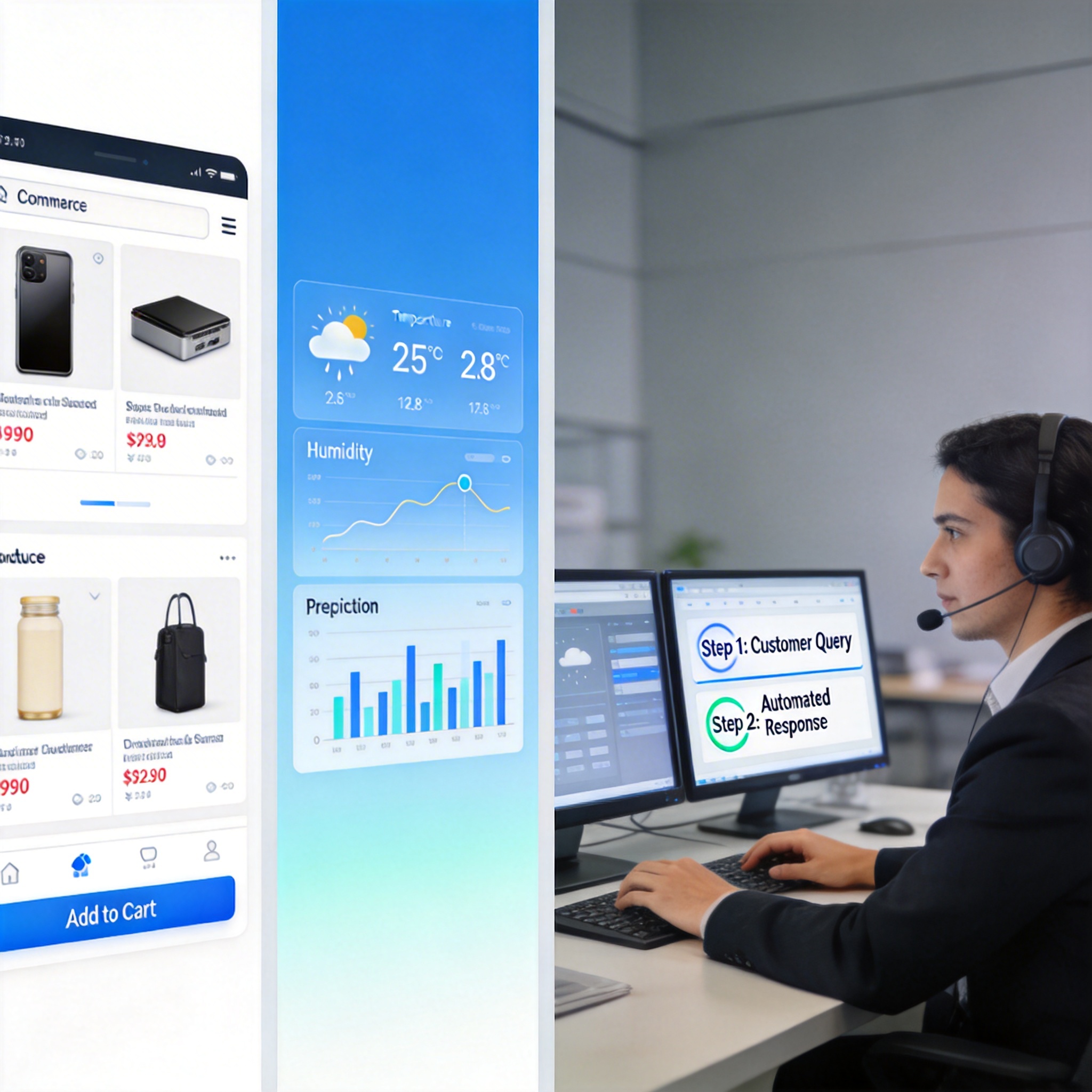 Three panels showing AI applications: e-commerce product population, weather dashboard, and automated customer service.