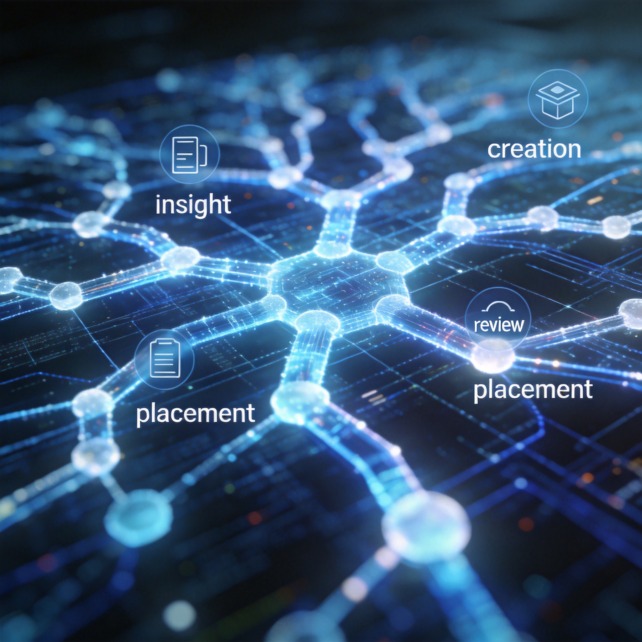 Abstract digital network symbolizing AI as an operating system for marketing workflows.