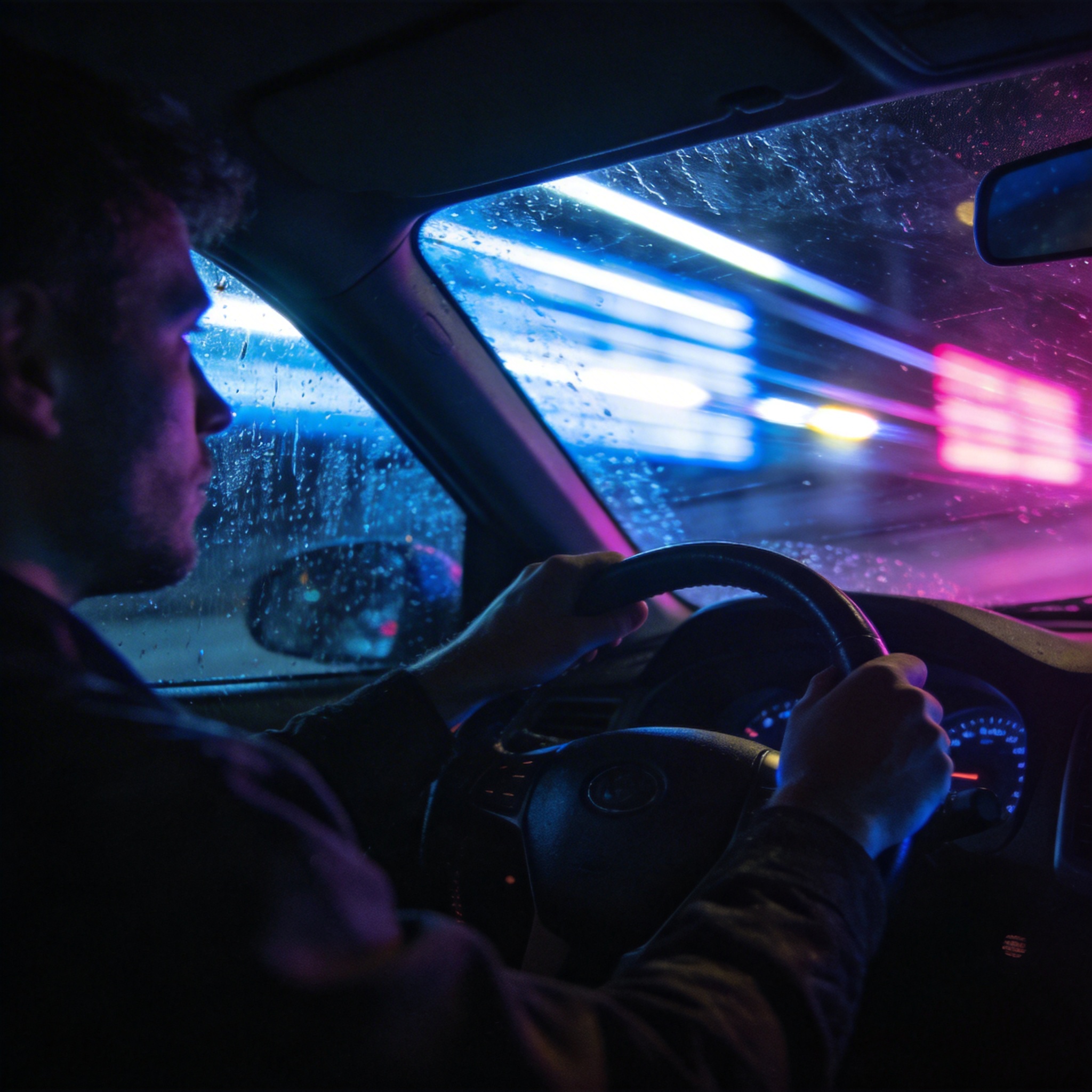 Complex night driving scene inside a car, with dynamic, chaotic lighting from external sources.