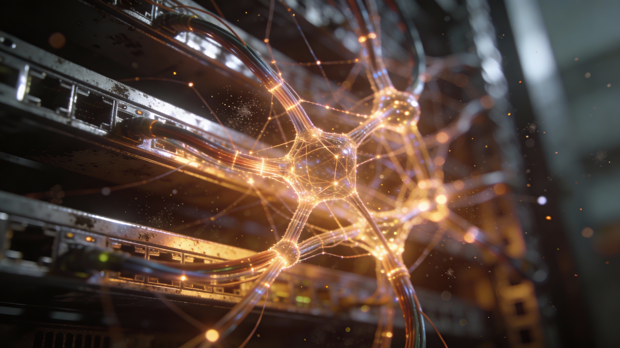 Close-up of a glowing, intricate neural network structure with fiber optic cables, symbolizing advanced AI computation.