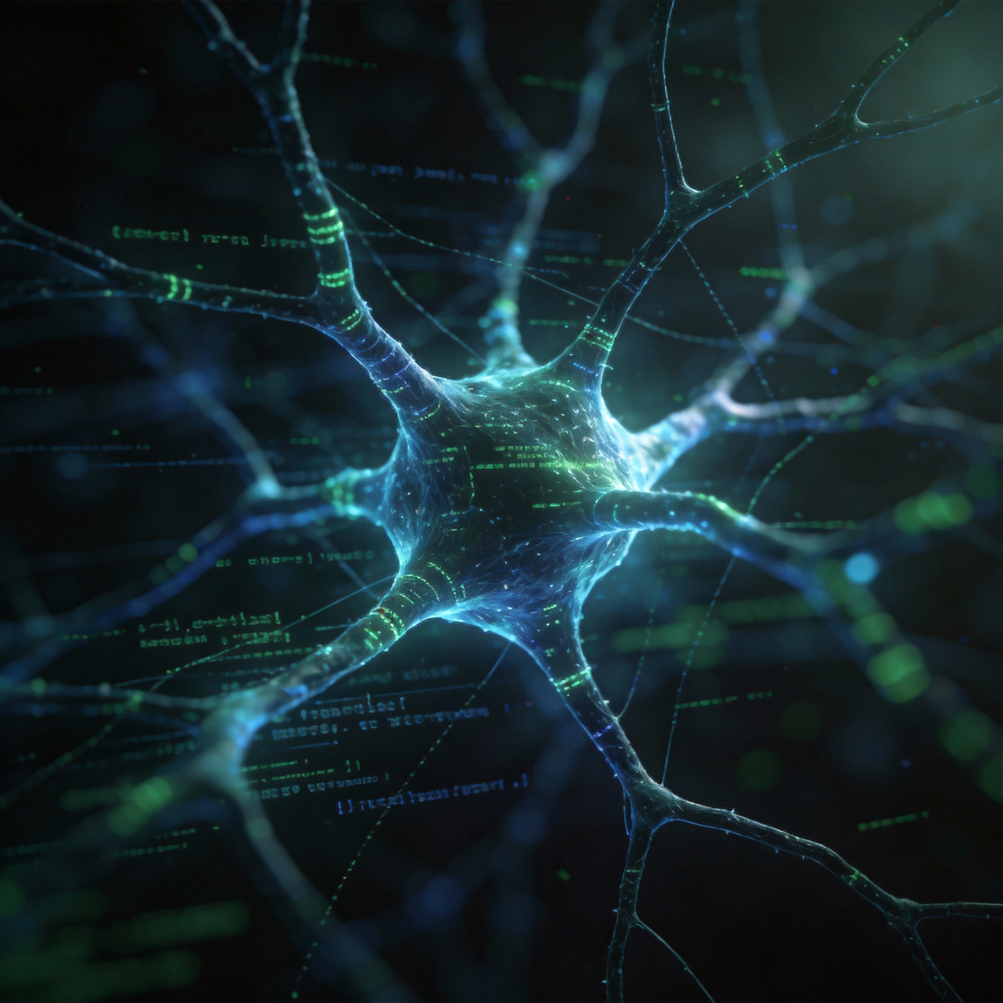 Abstract representation of AI agents generating and validating code, depicted as a glowing neural network.