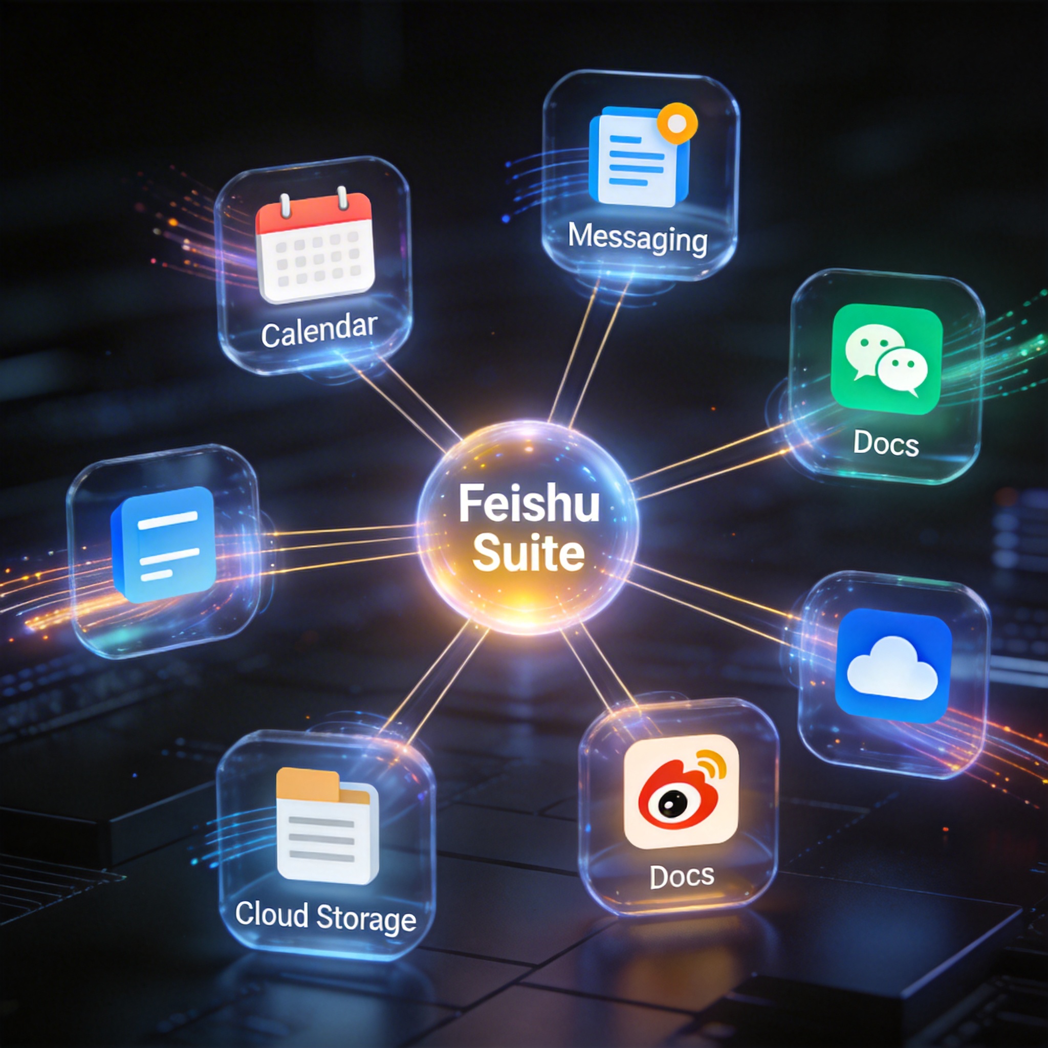Holographic icons of Feishu apps (Calendar, Messaging, Docs) interconnected, symbolizing comprehensive functionality.