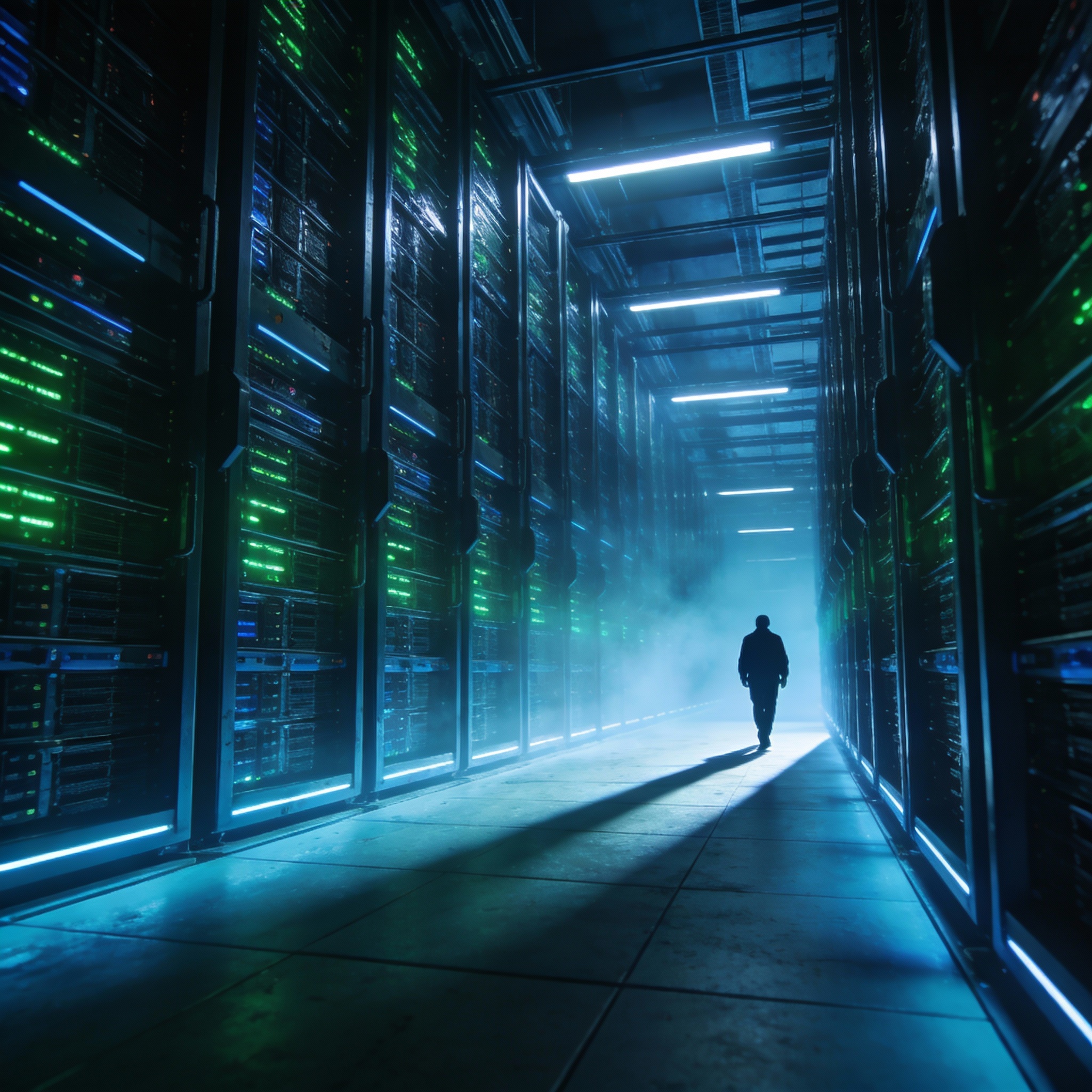 Vast, modern data center interior with rows of server racks and cool LED lighting, emphasizing computational scale.
