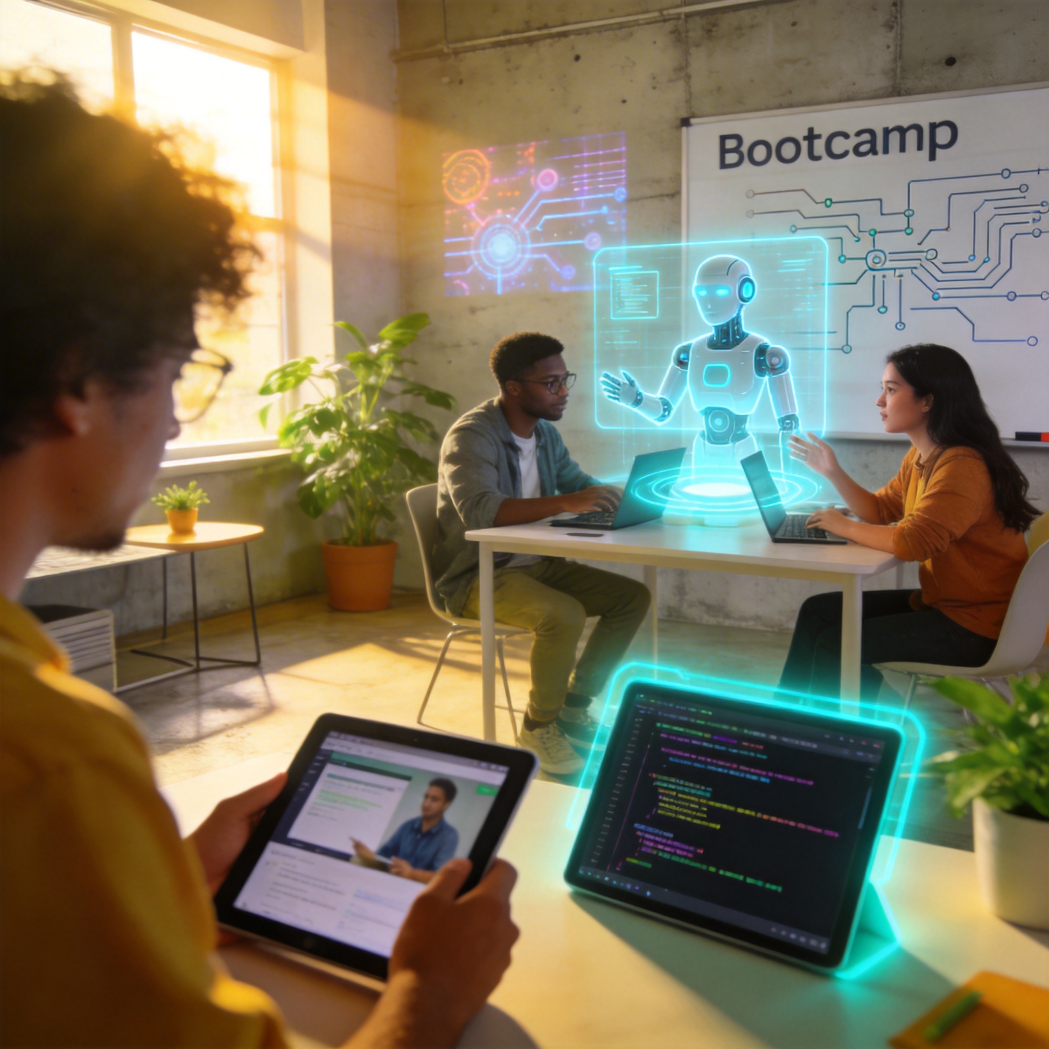 Diverse young professionals learning through online courses, bootcamps, and AI tutors in a modern, collaborative environment.
