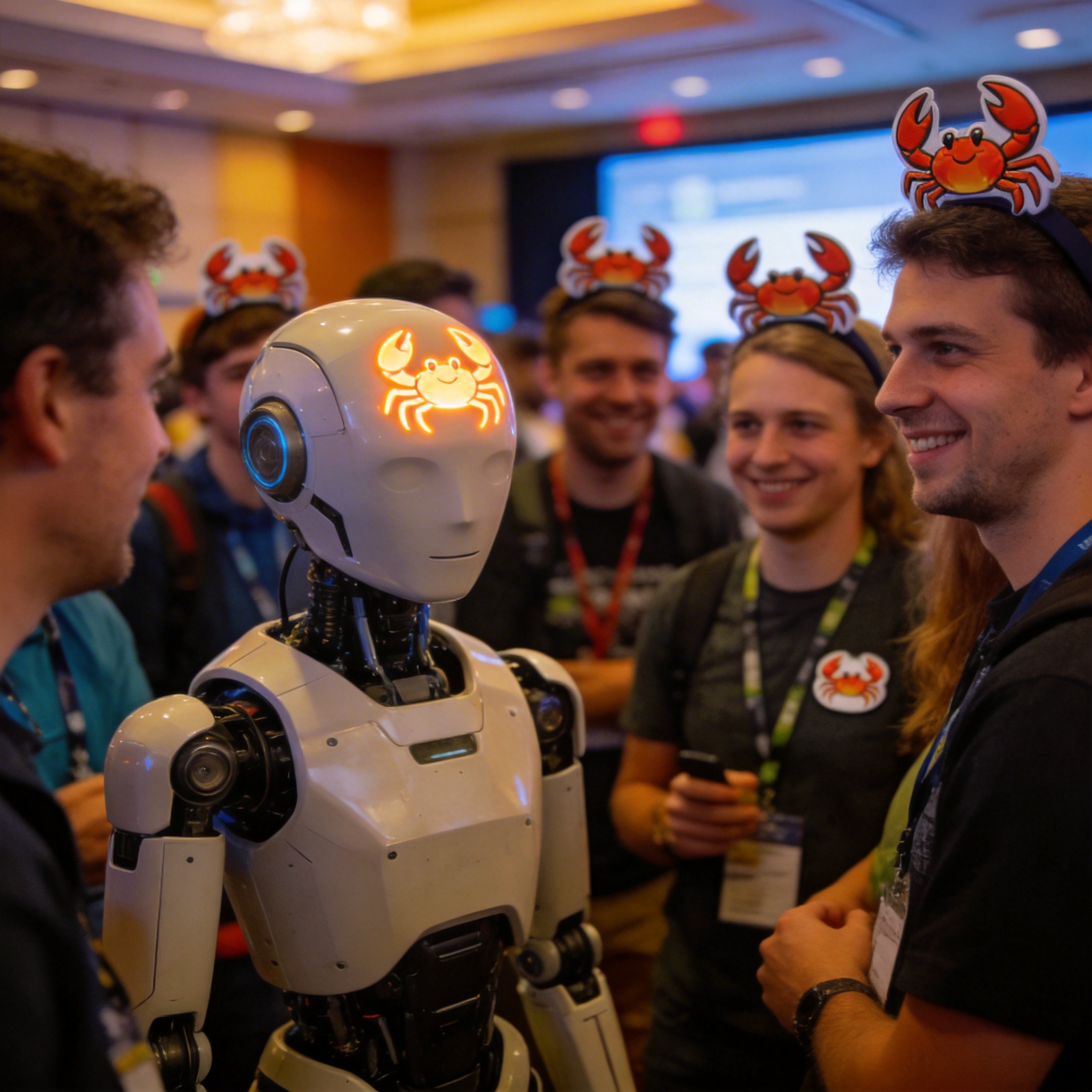 Developers wearing crab-themed attire interacting with a humanoid robot at a conference.