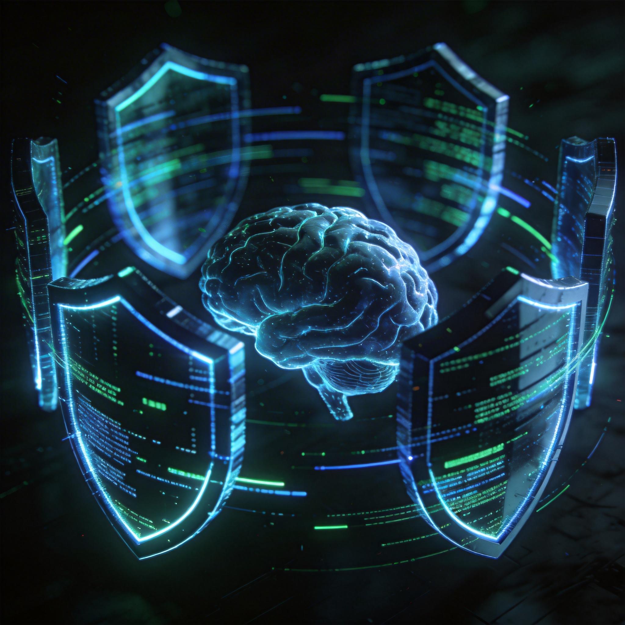 Abstract digital shields and data streams symbolizing AI cybersecurity.