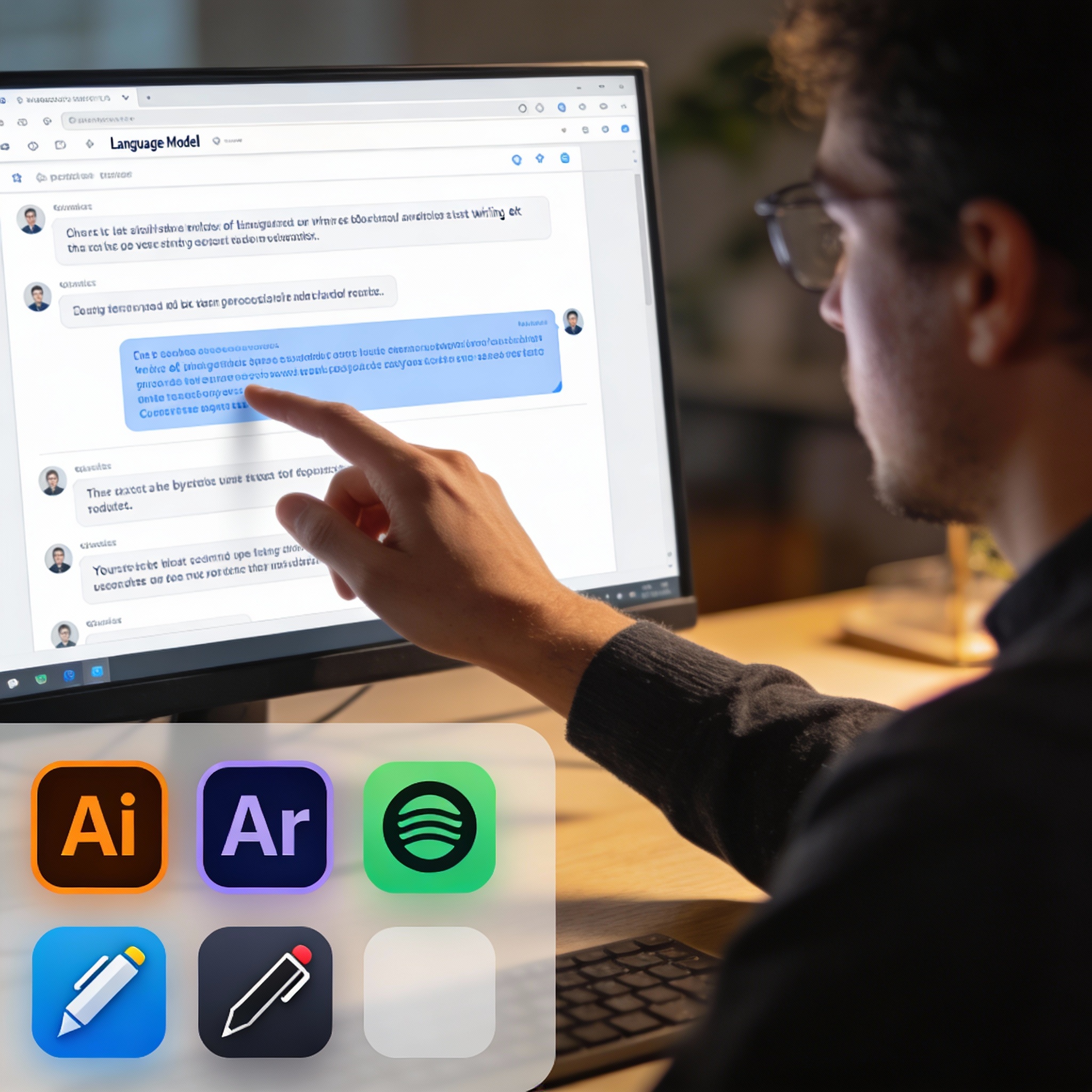 User directly interacting with a general-purpose AI interface, with blurred specialized writing tool icons in foreground.