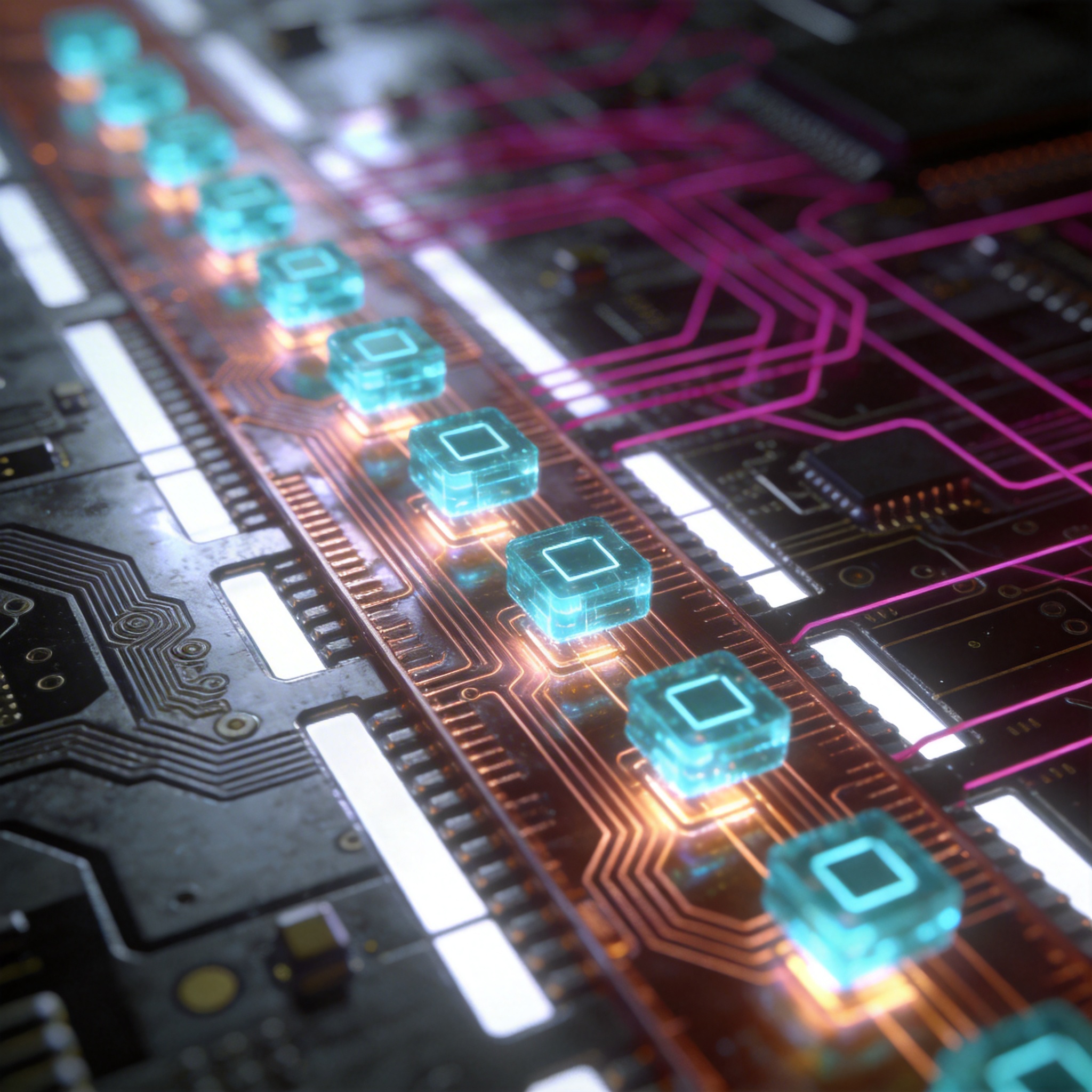 Visual metaphor of data flowing deterministically on a microchip, representing 'assembly line mode' processing.