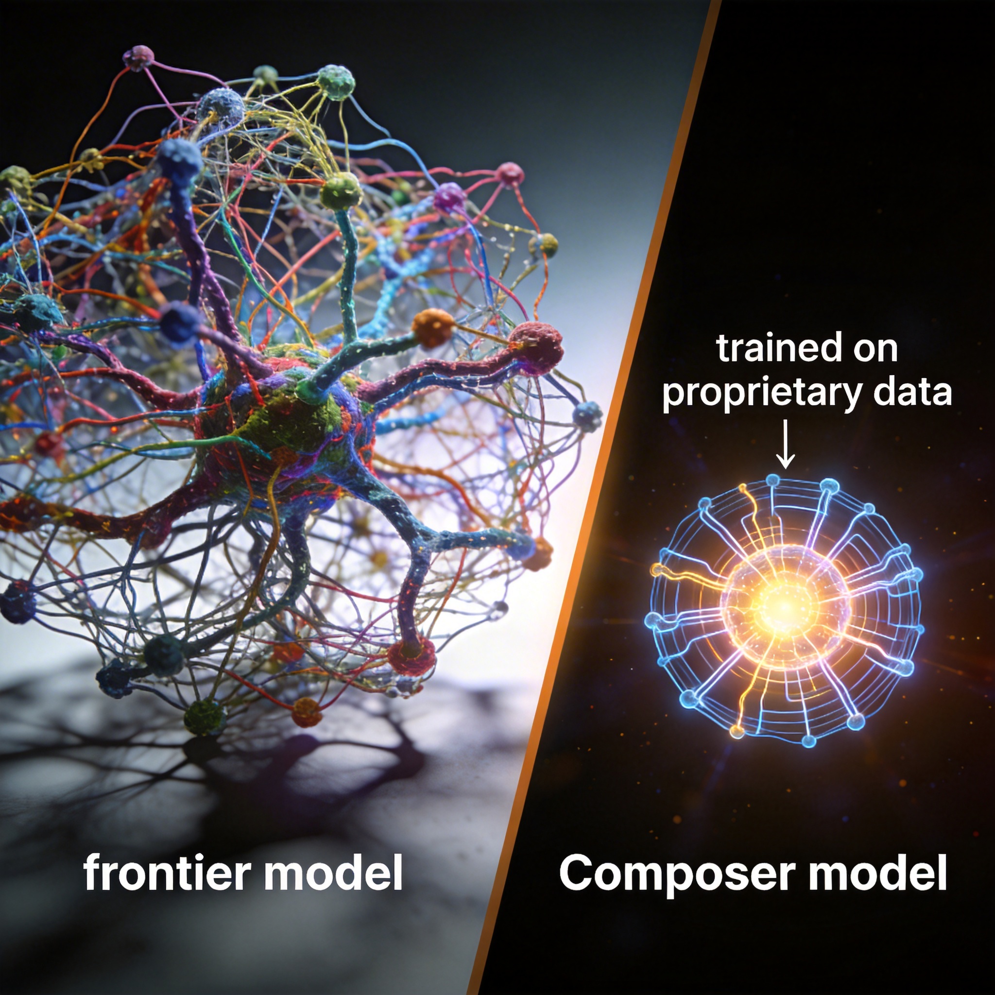 Comparison of a large frontier AI model and a smaller, specialized Composer model, illustrating Cursor's development strategy.
