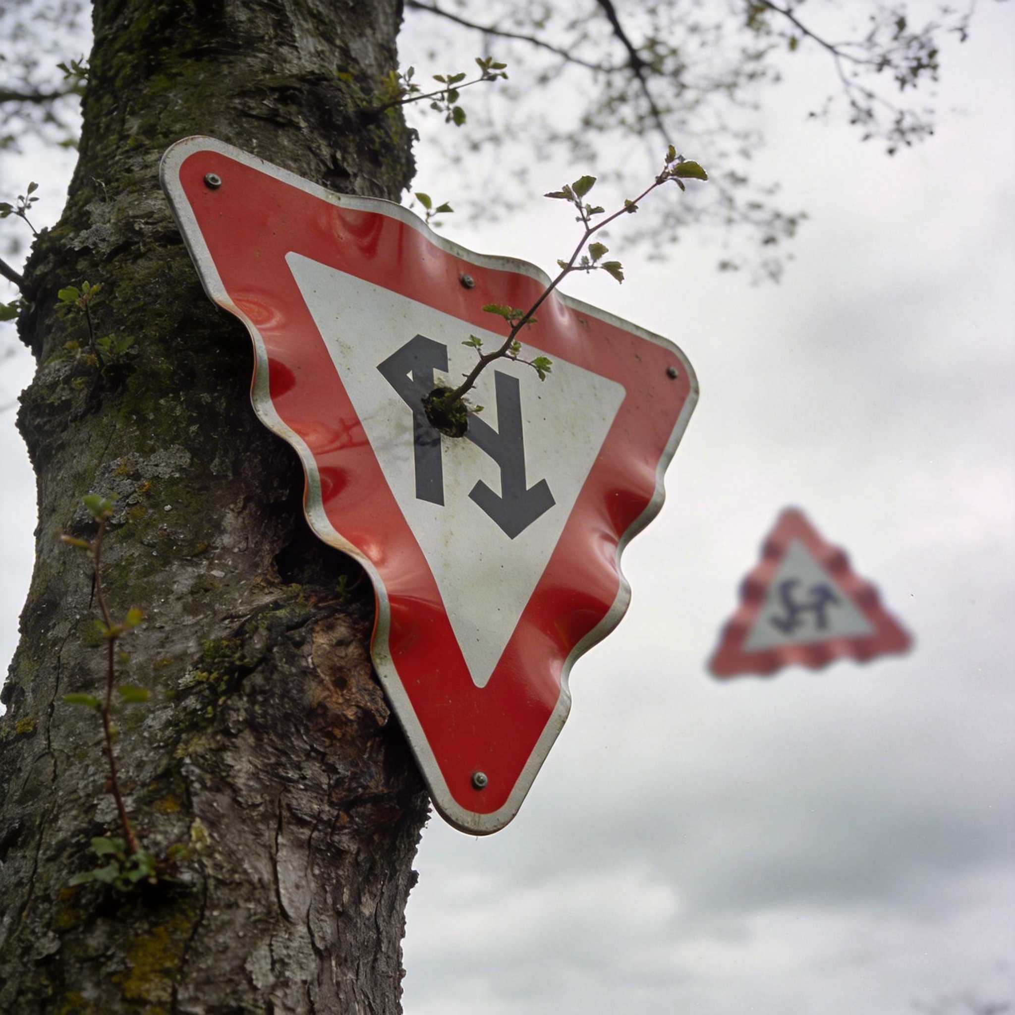 Surreal road sign integrated into an unexpected environment, symbolizing reality disruption.
