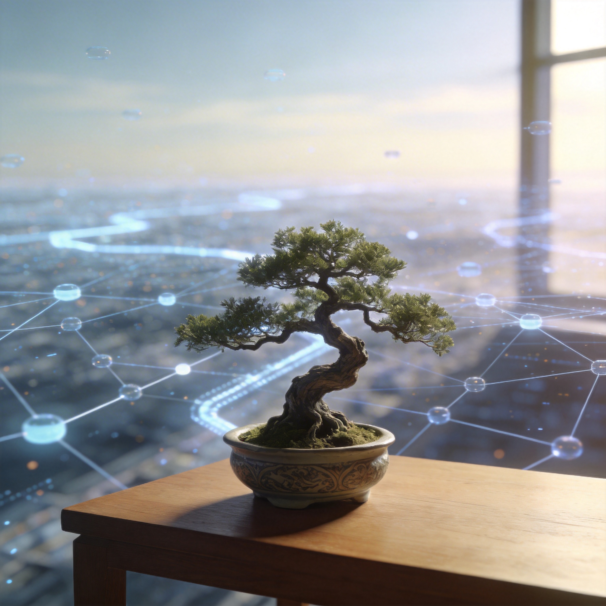 Bonsai tree in a pot against a vast digital landscape, symbolizing creativity within constraints.