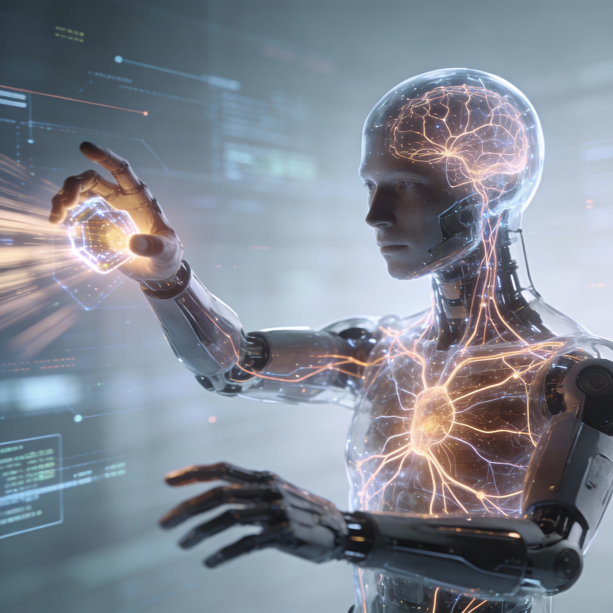 Transparent robot head and torso showing integrated brain and cerebellum, symbolizing 'thinking while acting'.