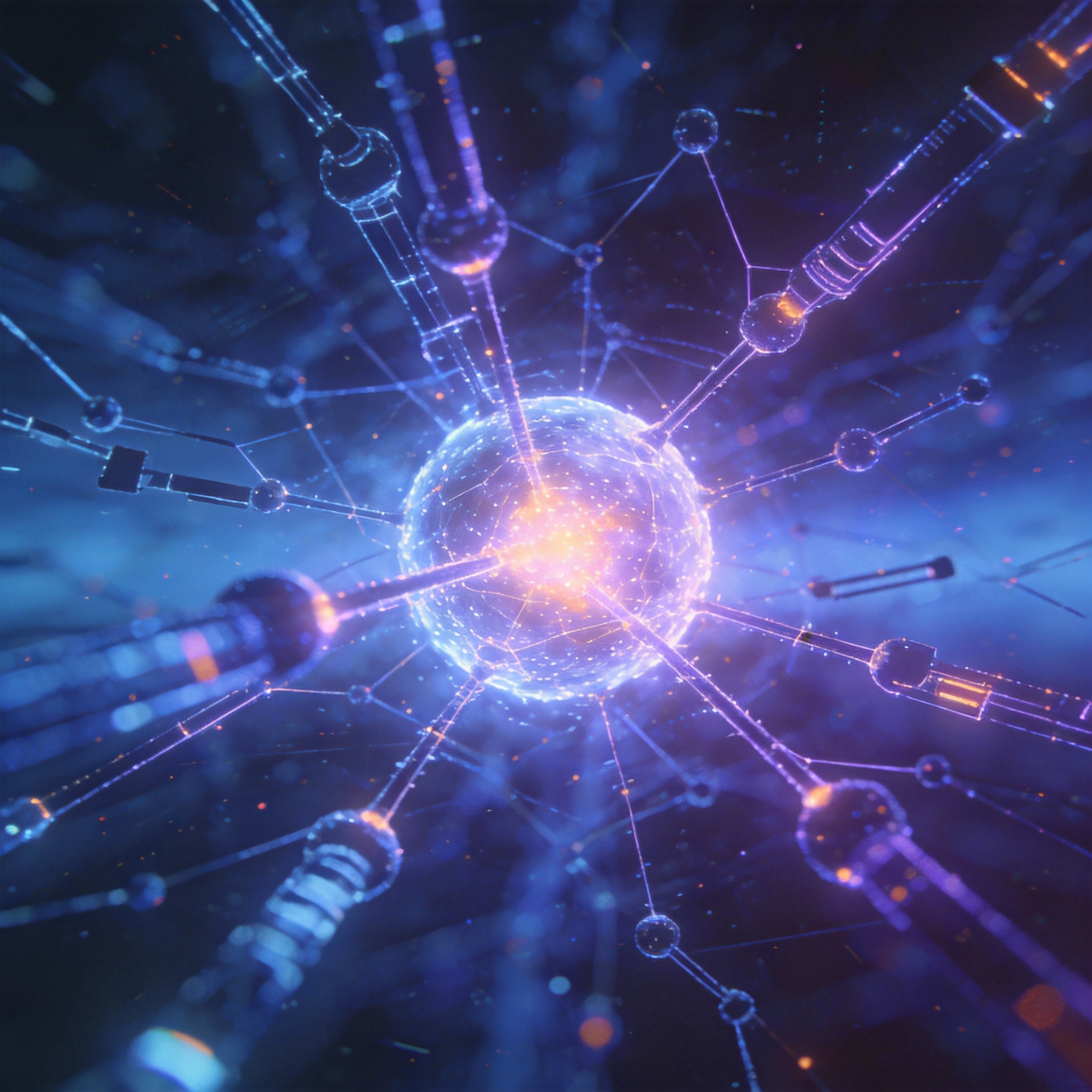 Abstract representation of fragmented tools converging into a unified, glowing sphere.