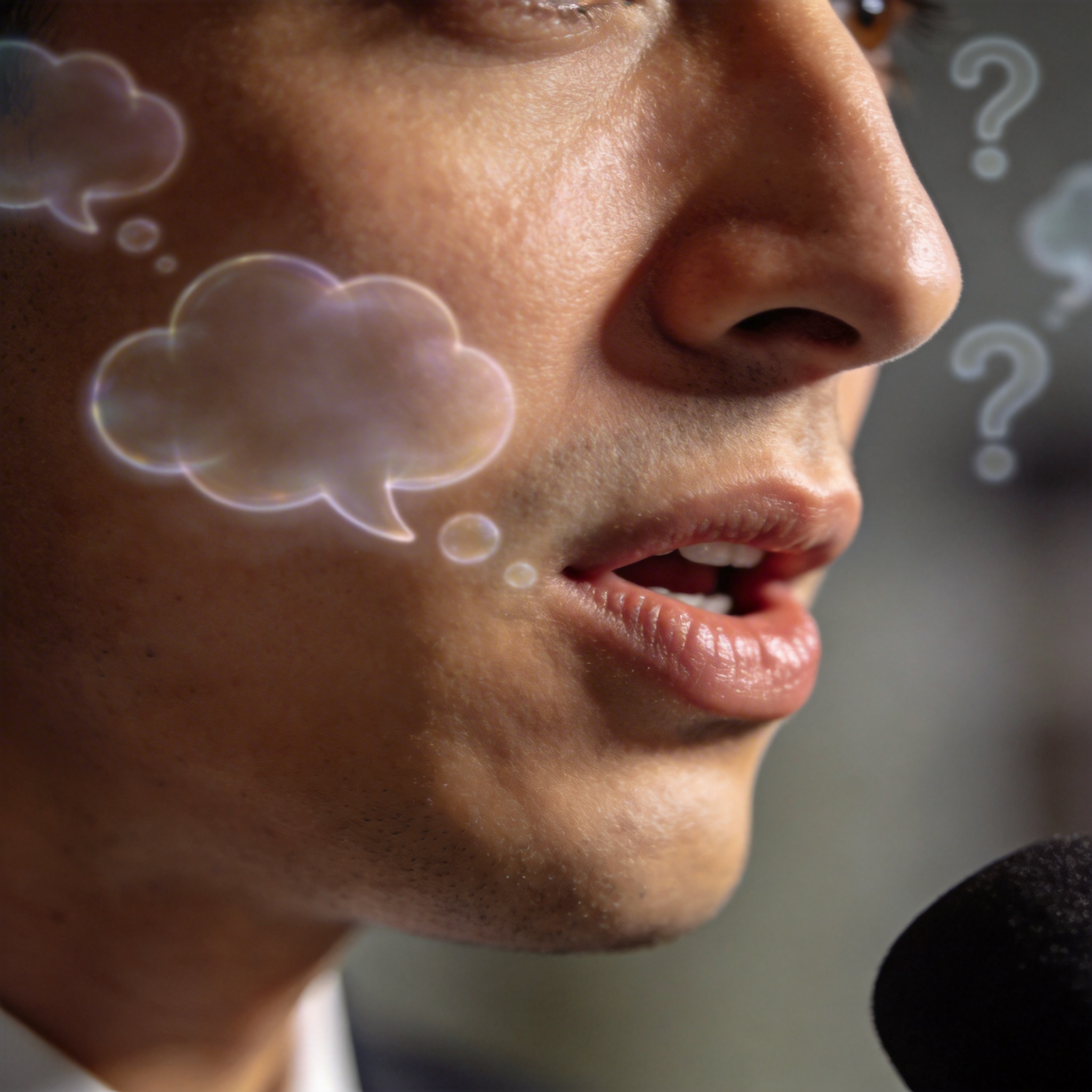 Person pausing during speech, with visual cues for 'thinking time,' illustrating AI's pause detection.