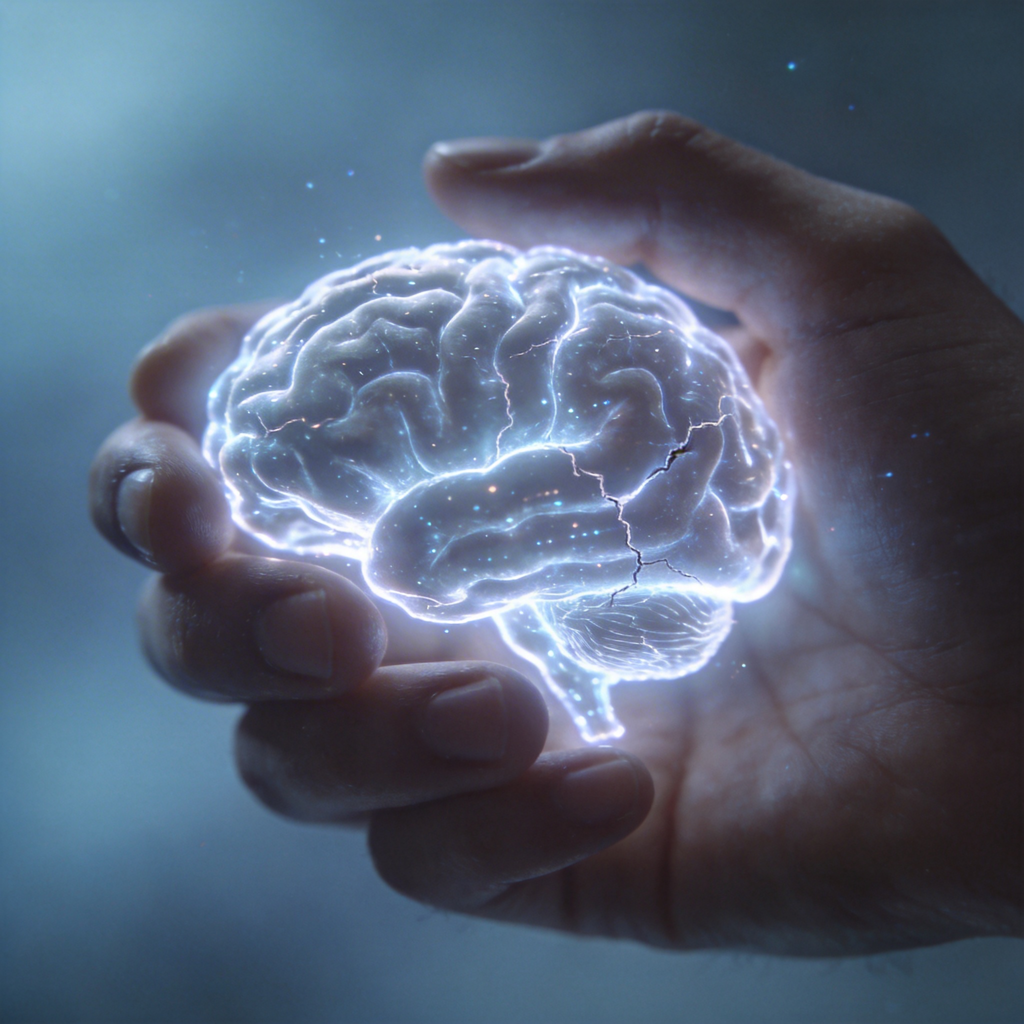 Human hand holding a glowing, cracked digital brain, symbolizing the fragility of cognitive sovereignty.