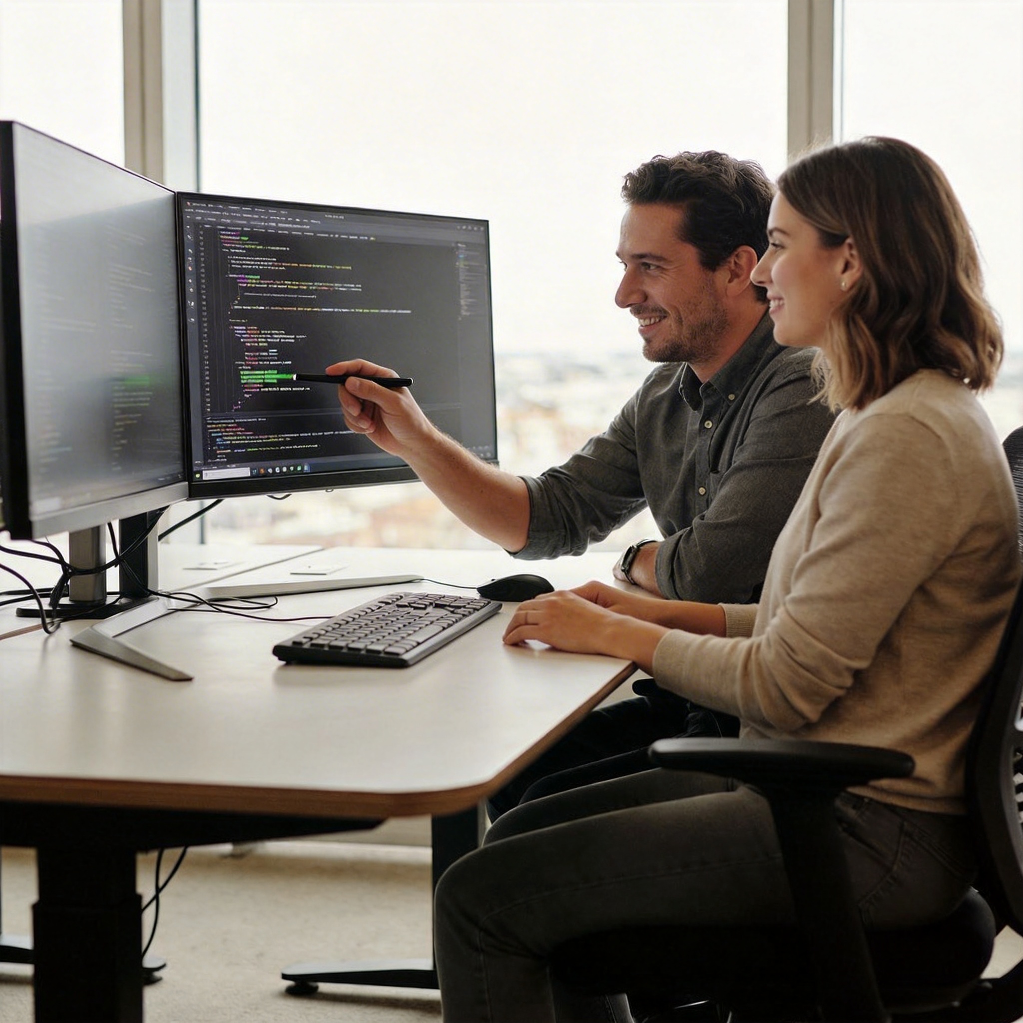 Two software engineers collaboratively coding on a shared screen, symbolizing pair programming.
