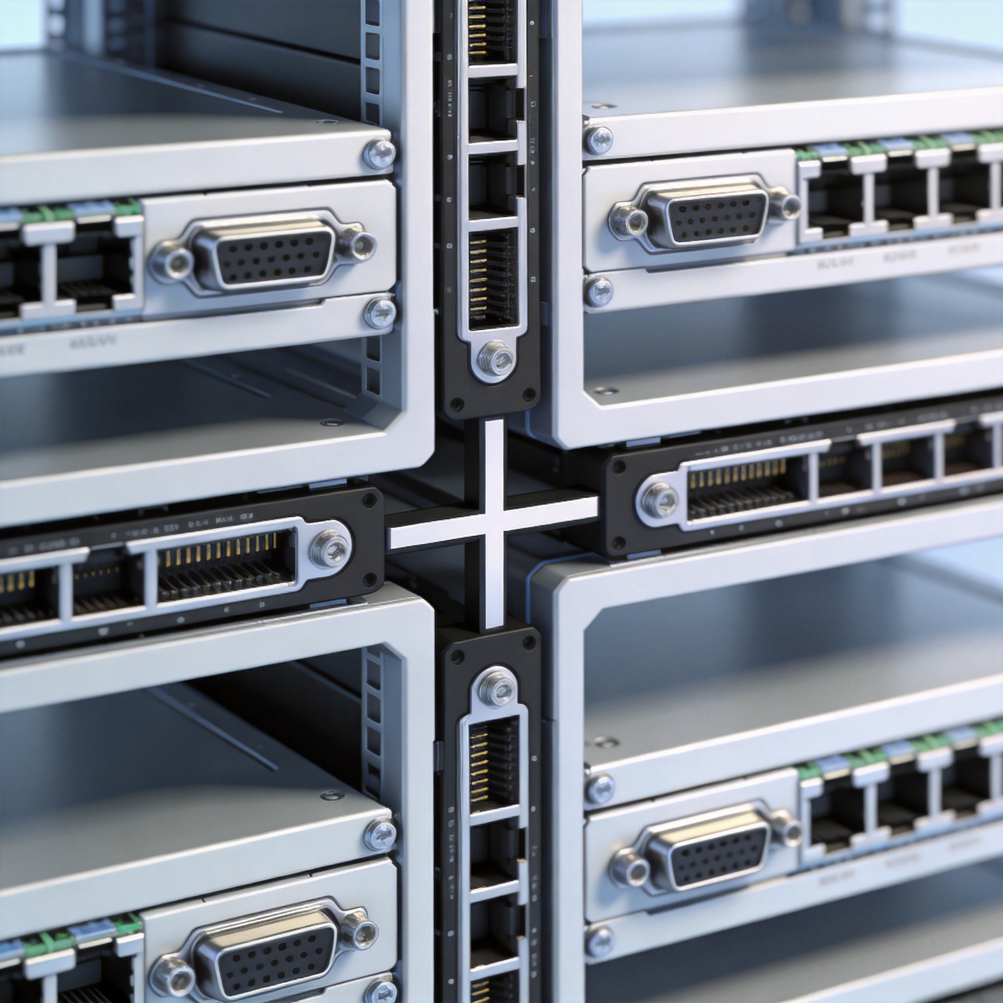Detailed view of OEX orthogonal backplane-free interconnection architecture in a server rack.