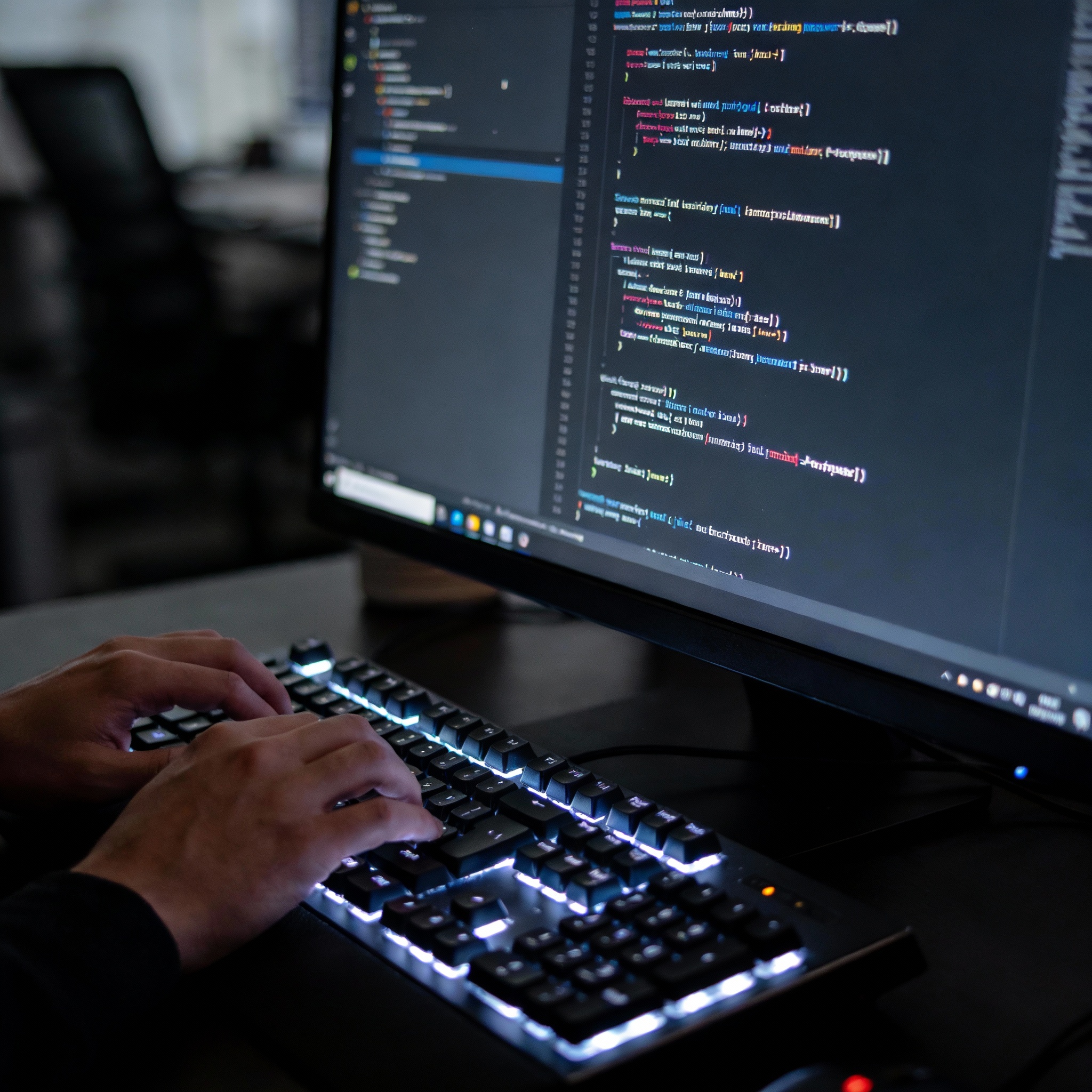 Developer's hands typing on a backlit keyboard, with code displayed on a monitor, symbolizing practical application.