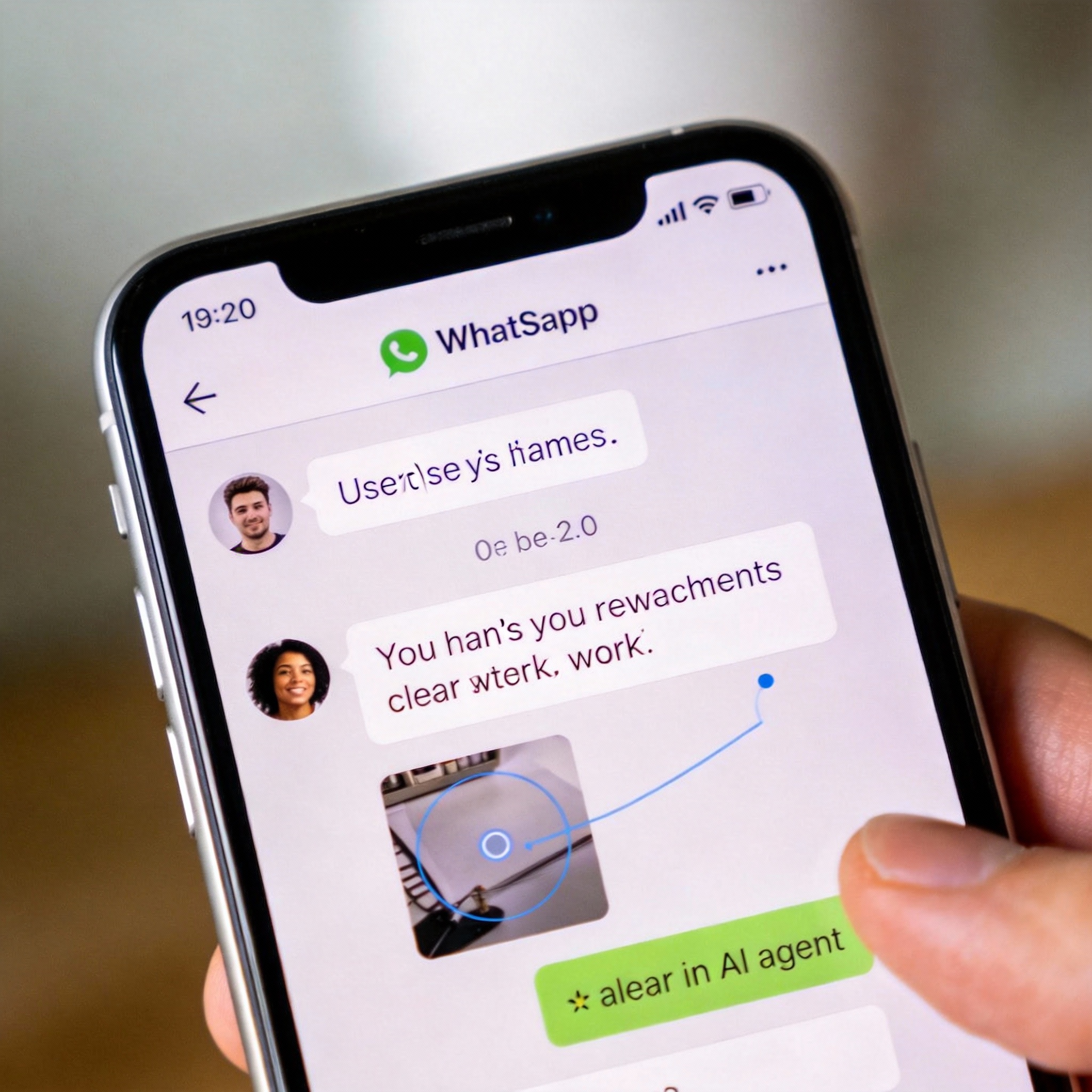 Smartphone screen showing a WhatsApp chat with an AI agent processing an image and text.