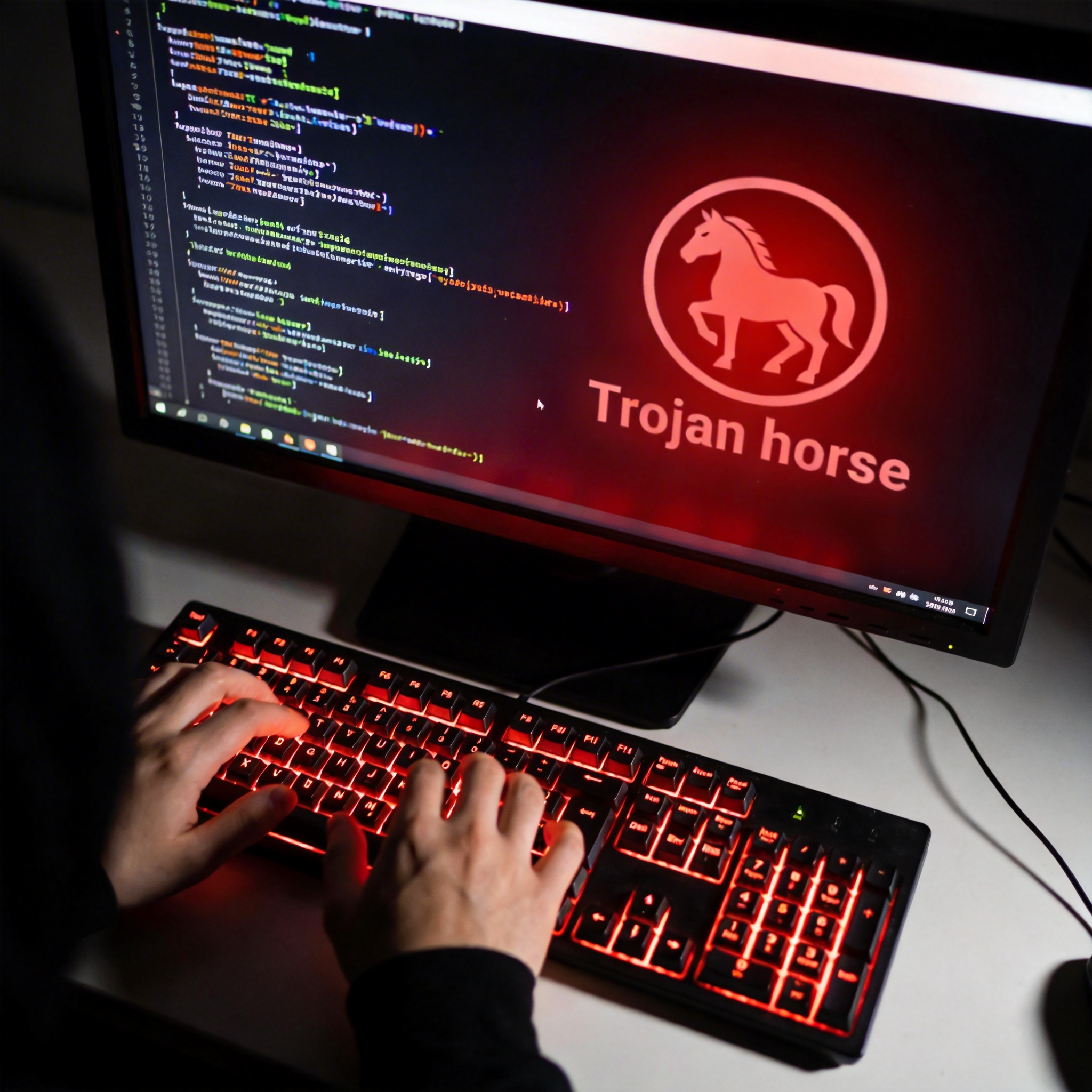 Hacker's hands typing on a keyboard, with malicious code and a Trojan horse icon on screen.