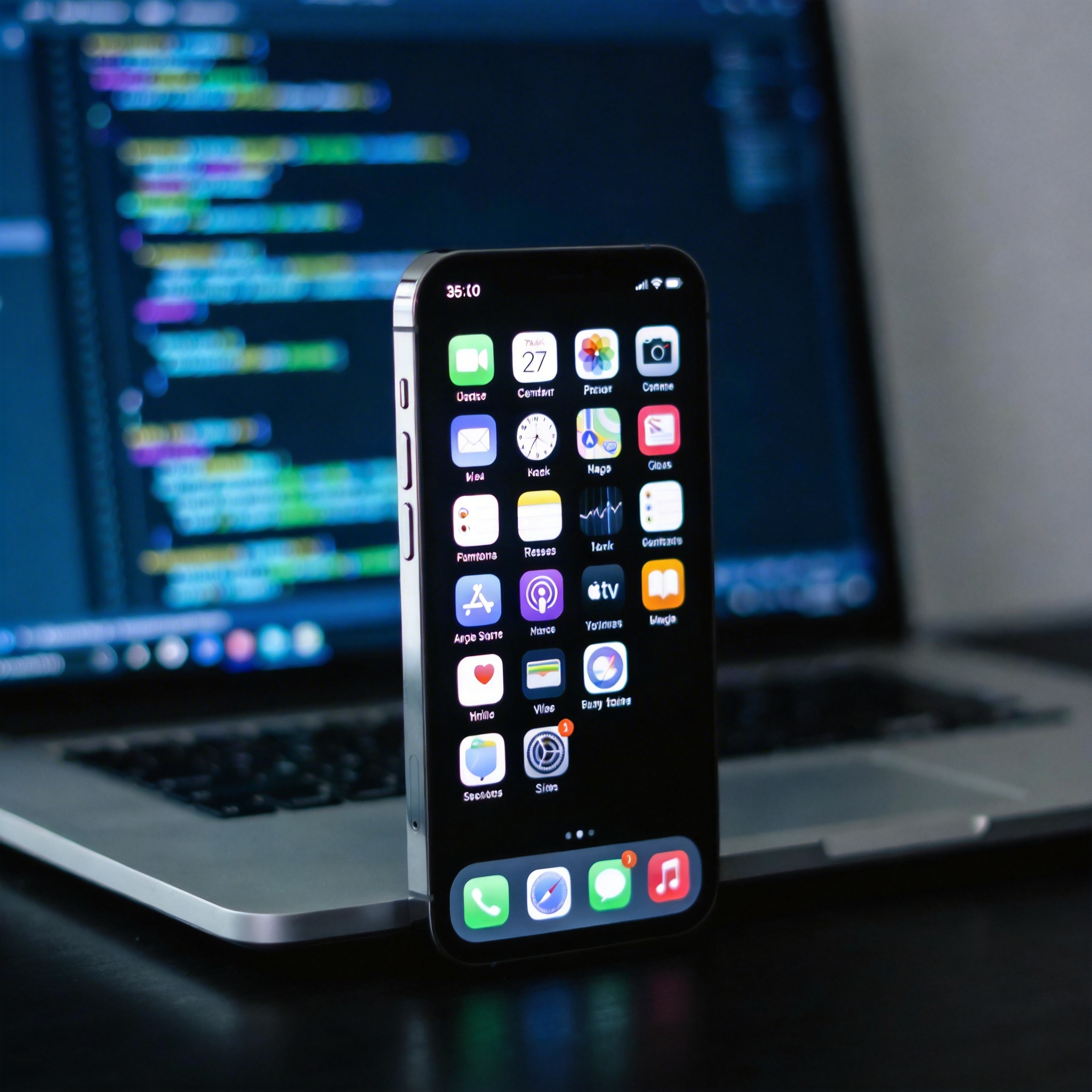 Smartphone displaying a minimalist app interface, with blurred code lines in the background.