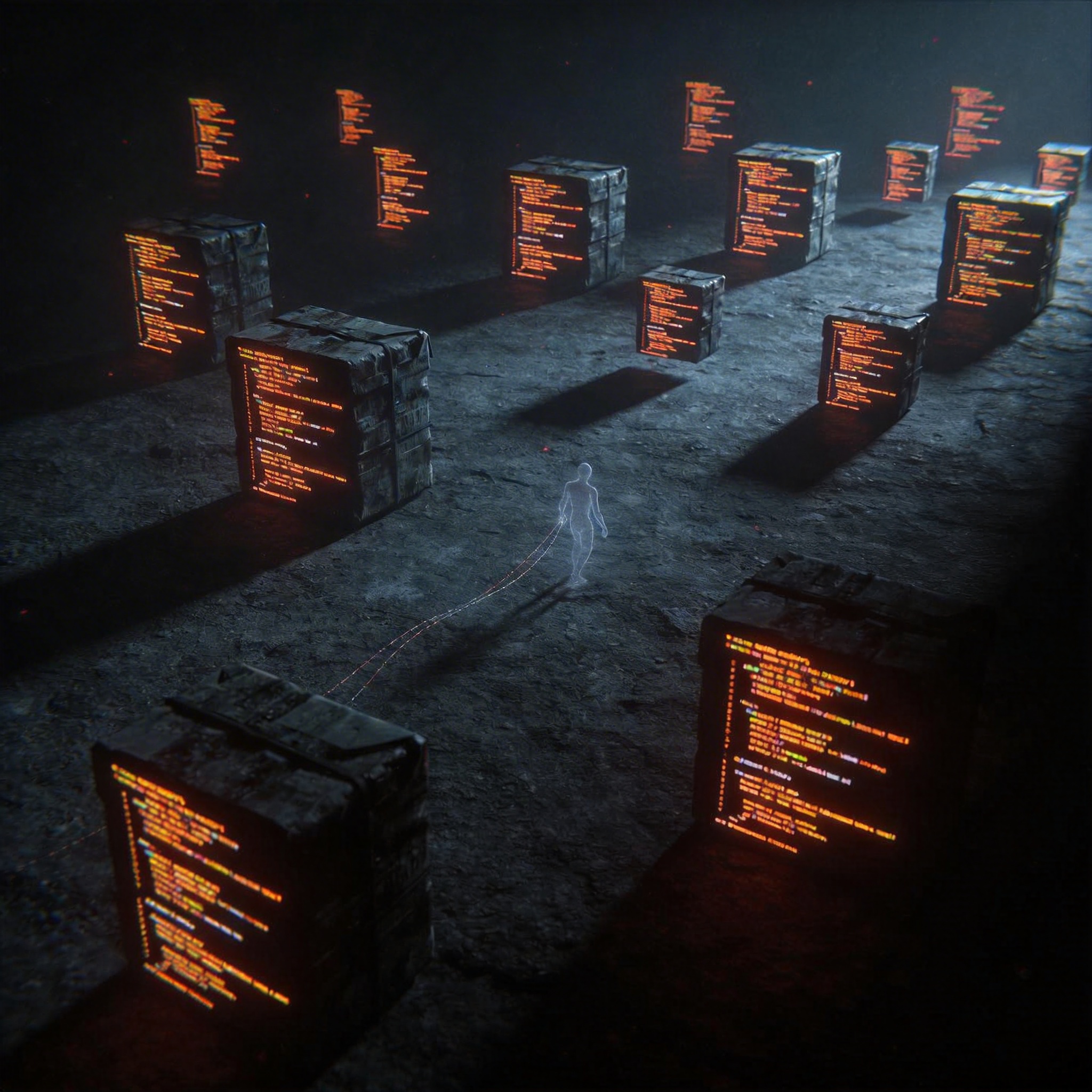 Digital landscape with malicious code packages, symbolizing 'Package Hallucination Attacks'.