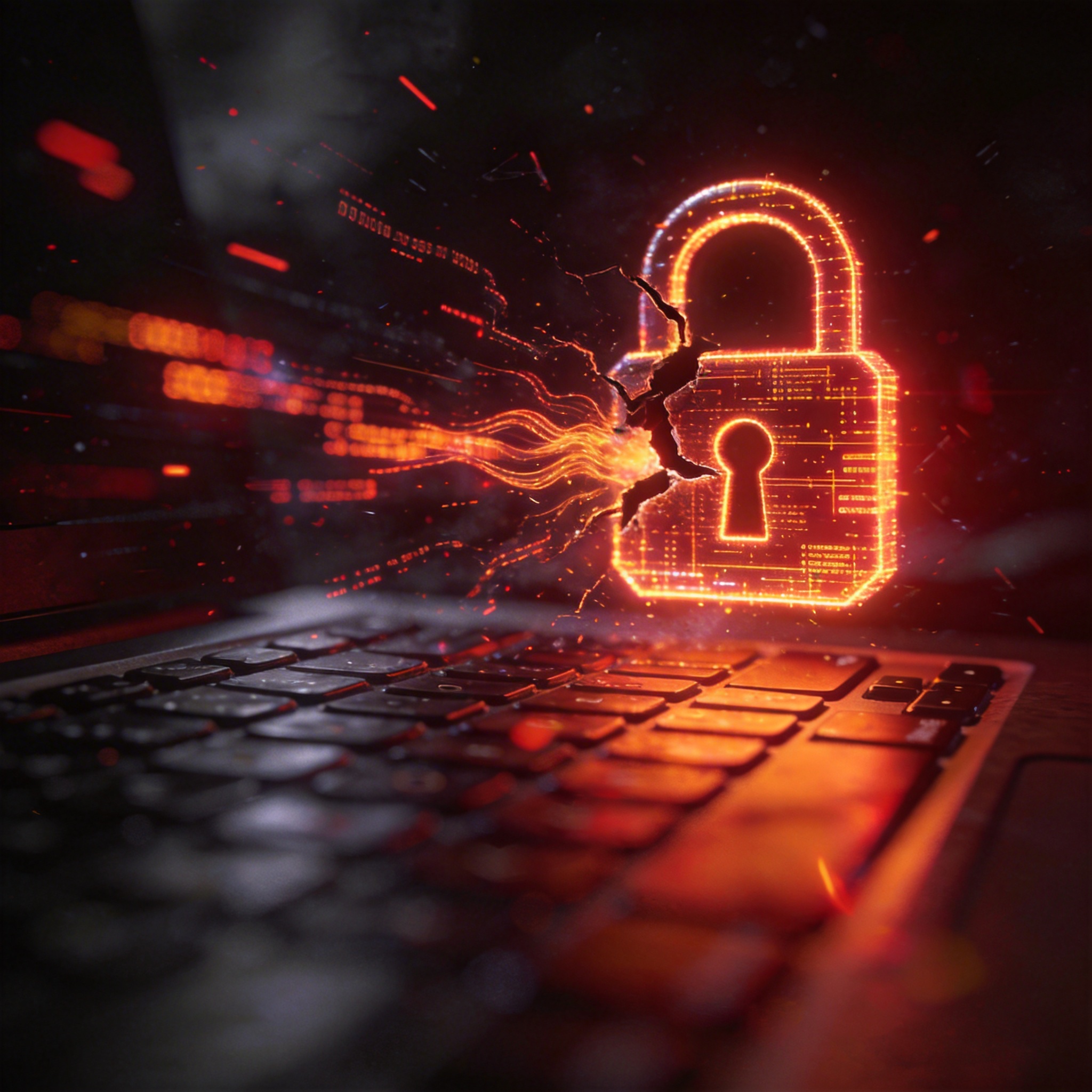 Broken digital lock icon with data streams, symbolizing significant security risks in software.
